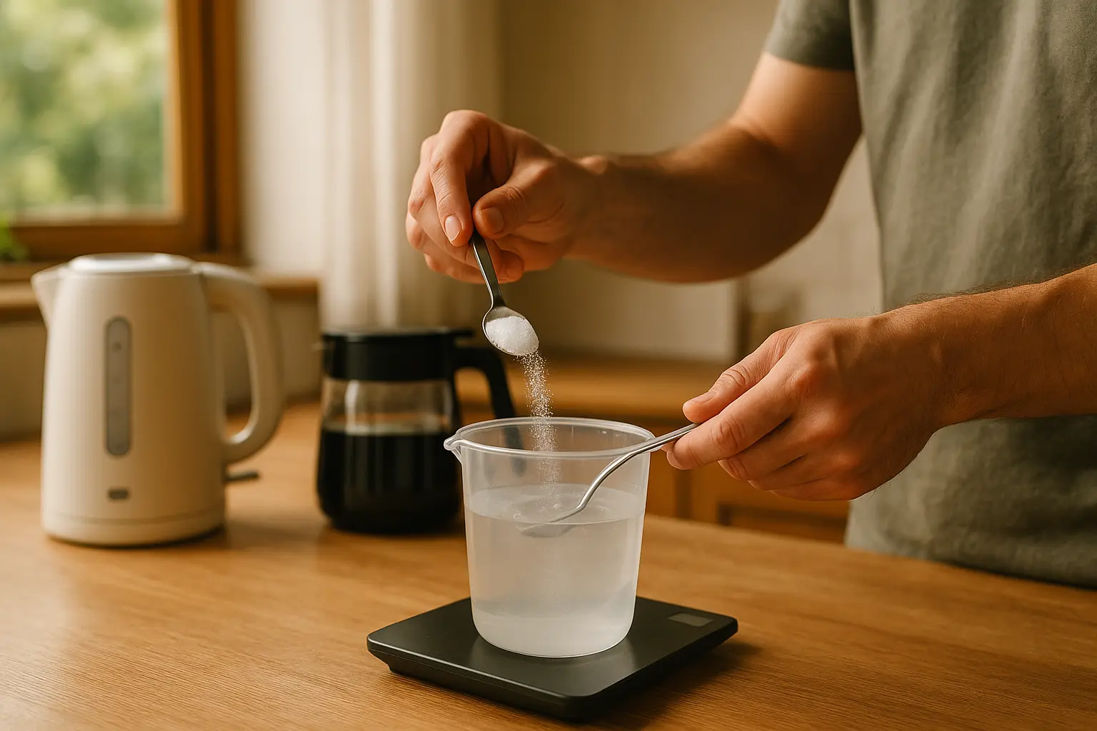 Hände setzen in einer Wohnküche Zitronensäure-Entkalker mit Küchenwaage und Messbecher an; Wasserkocher und Kaffeemaschine...