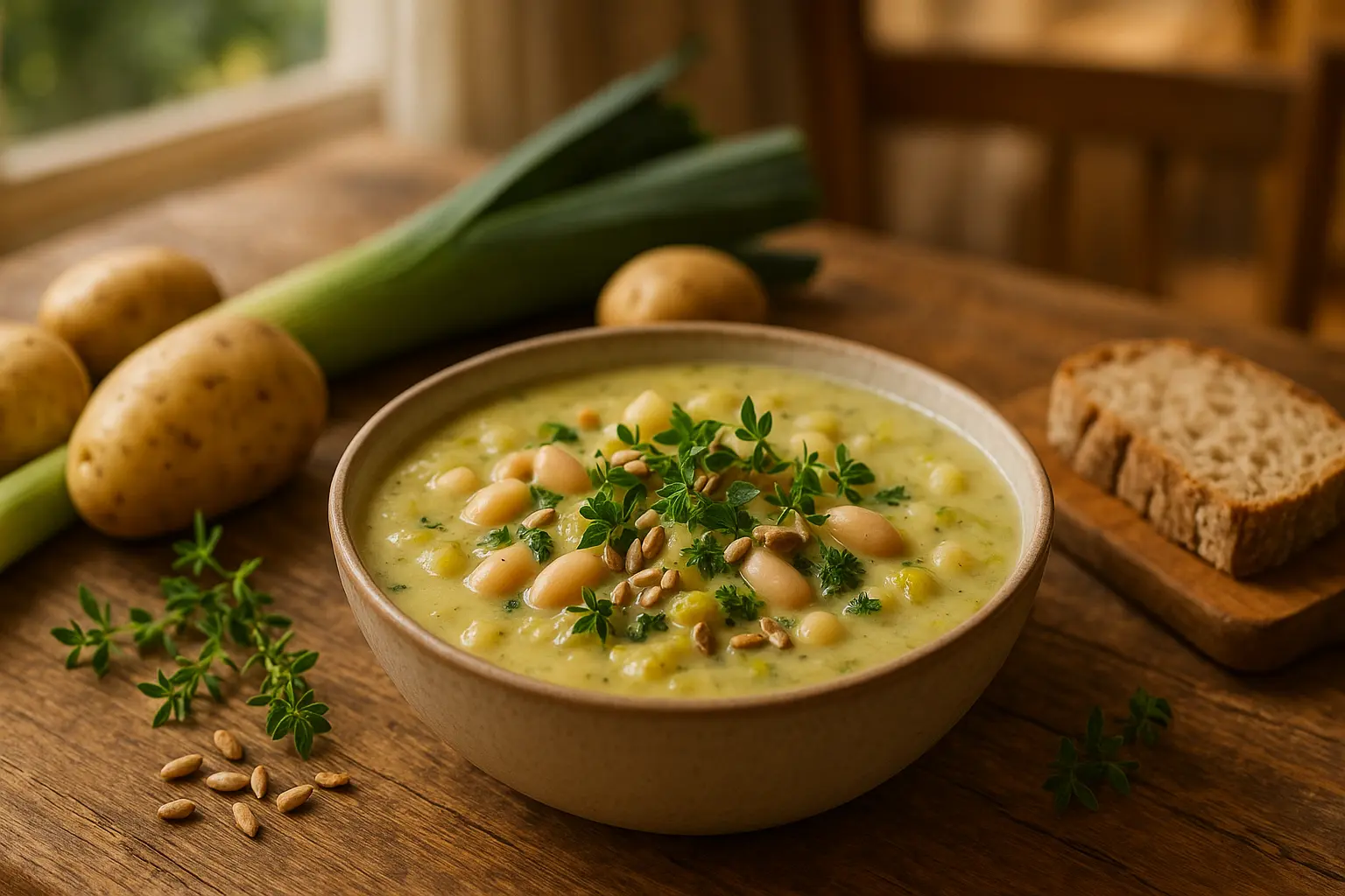 Cremige Kartoffel-Lauch-Suppe mit weißen Bohnen in einer Schüssel, garniert mit Kräutern auf einem Holztisch