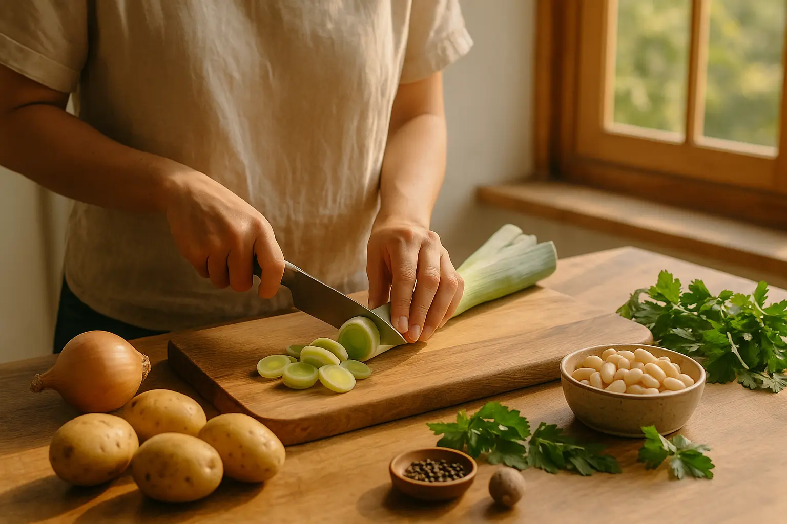 Zutaten für Kartoffel-Lauch-Suppe mit weißen Bohnen: Lauch, Kartoffeln, Zwiebel, weiße Bohnen und Kräuter auf einem Holztisch