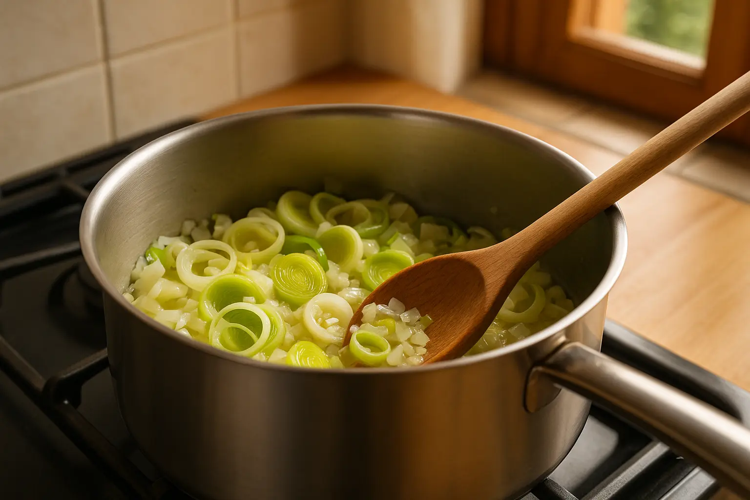 Lauchringe und Zwiebeln werden im Topf sanft angeschwitzt als Basis für Kartoffel-Lauch-Suppe