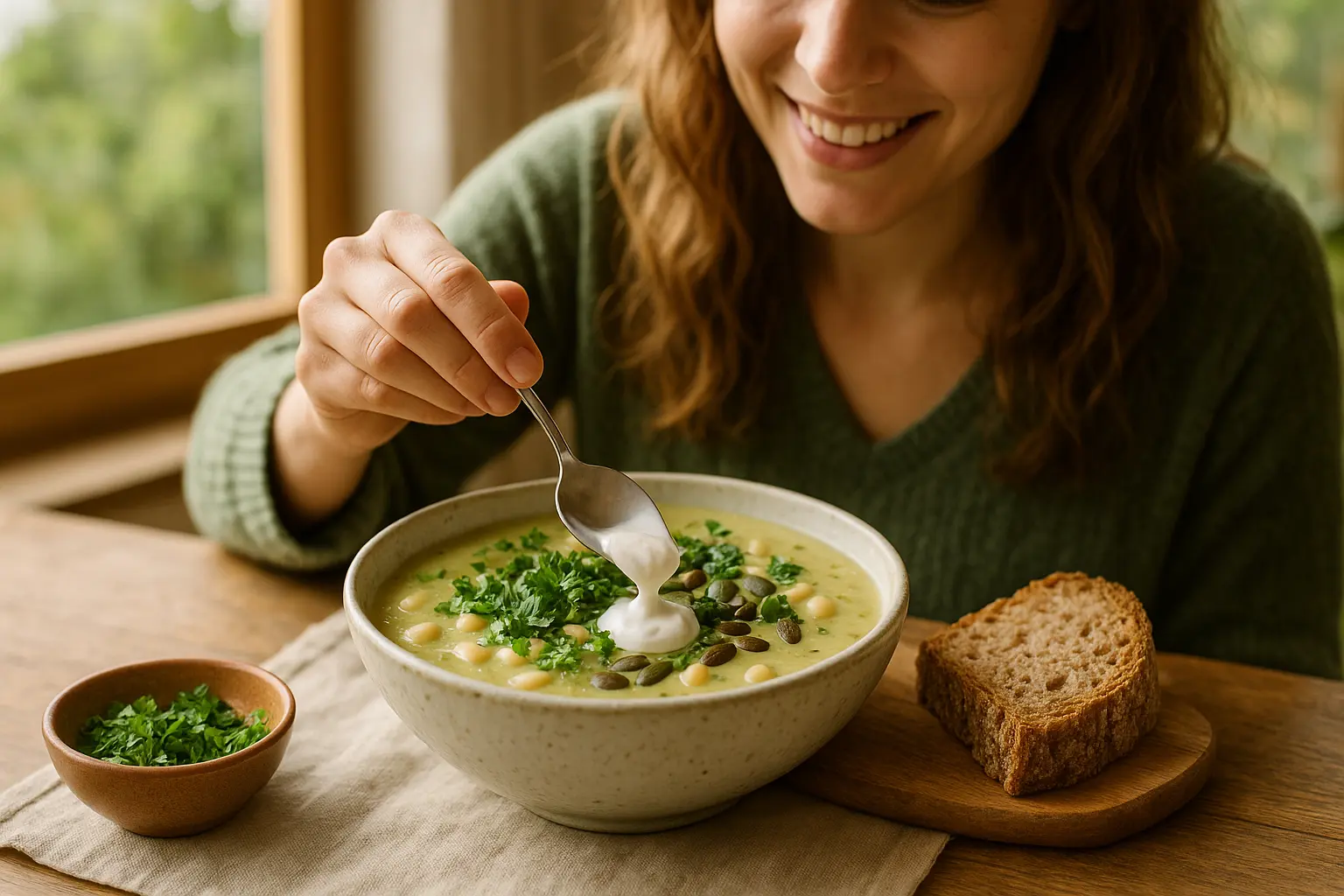 Servierte Kartoffel-Lauch-Suppe mit weißen Bohnen, Kräutern und gerösteten Kernen neben Brot