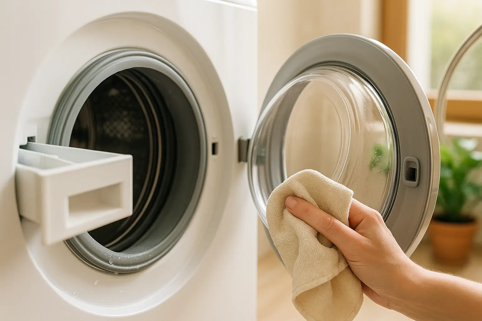 Hand trocknet die Gummidichtung einer Waschmaschine, Einspülkasten ist geöffnet – typische Stellen gegen muffige Gerüche.