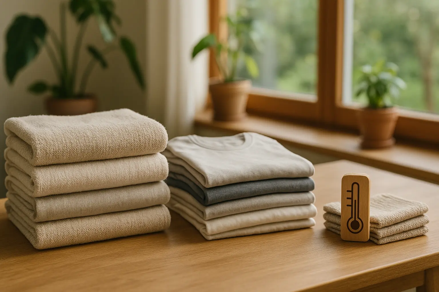 Sortierte Wäsche-Stapel für unterschiedliche Waschtemperaturen: Handtücher, Kleidung und Putztücher auf einem Holztisch am...