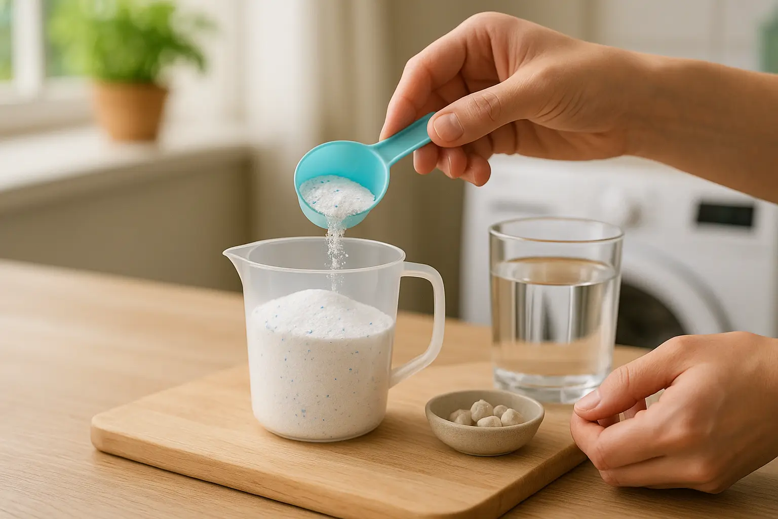 Messbecher und Messlöffel für Waschpulver neben einem Glas Wasser – Dosierung statt Schätzen.