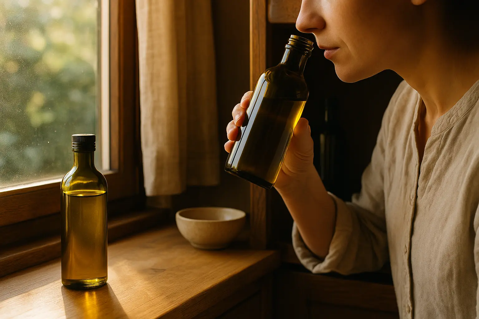 Braune Ölflasche einmal im Sonnenlicht und einmal dunkel gelagert als Hinweis auf richtige Aufbewahrung