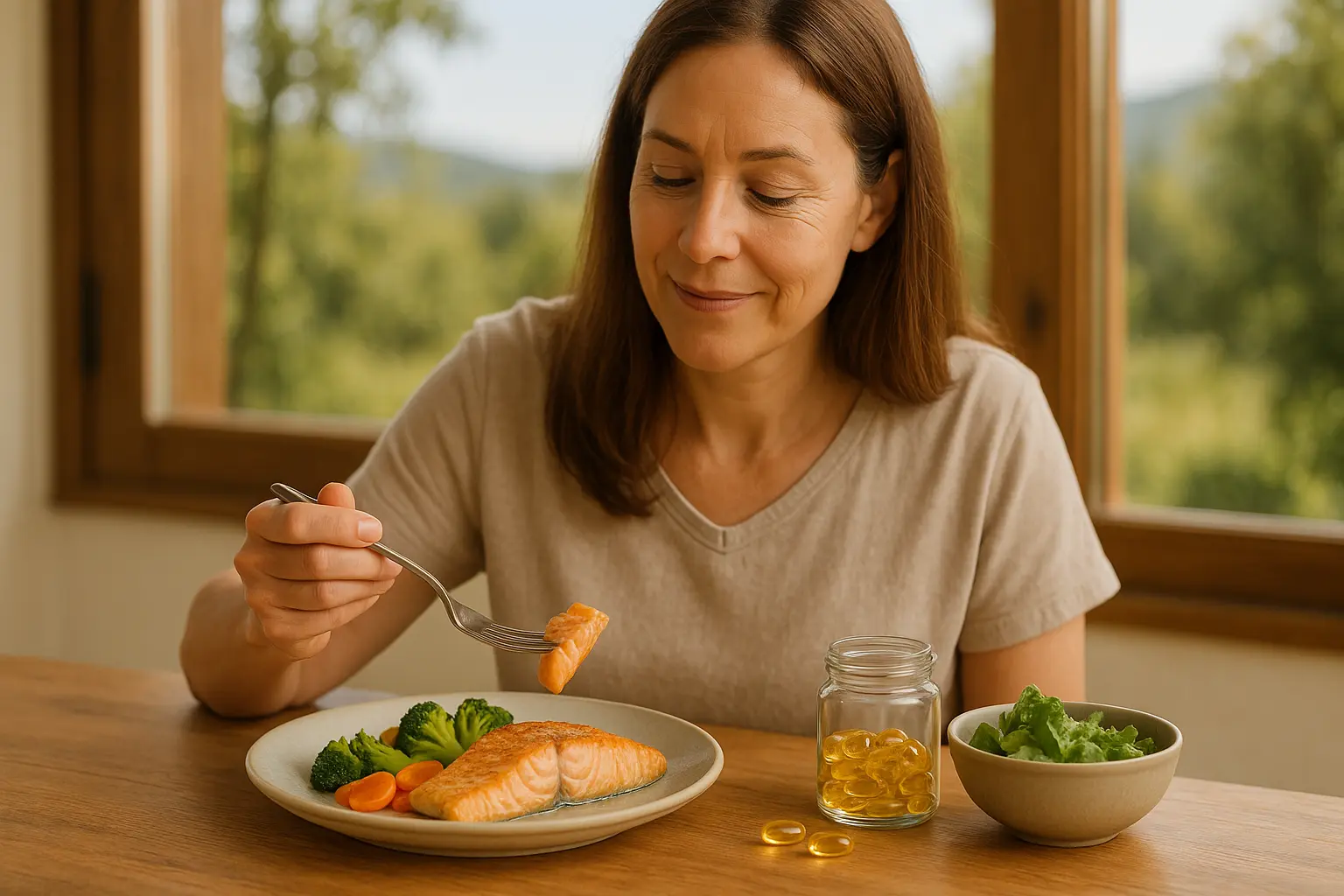Teller mit Fischgericht neben neutralem Glas mit Algenöl-Kapseln als zwei Omega-3-Optionen