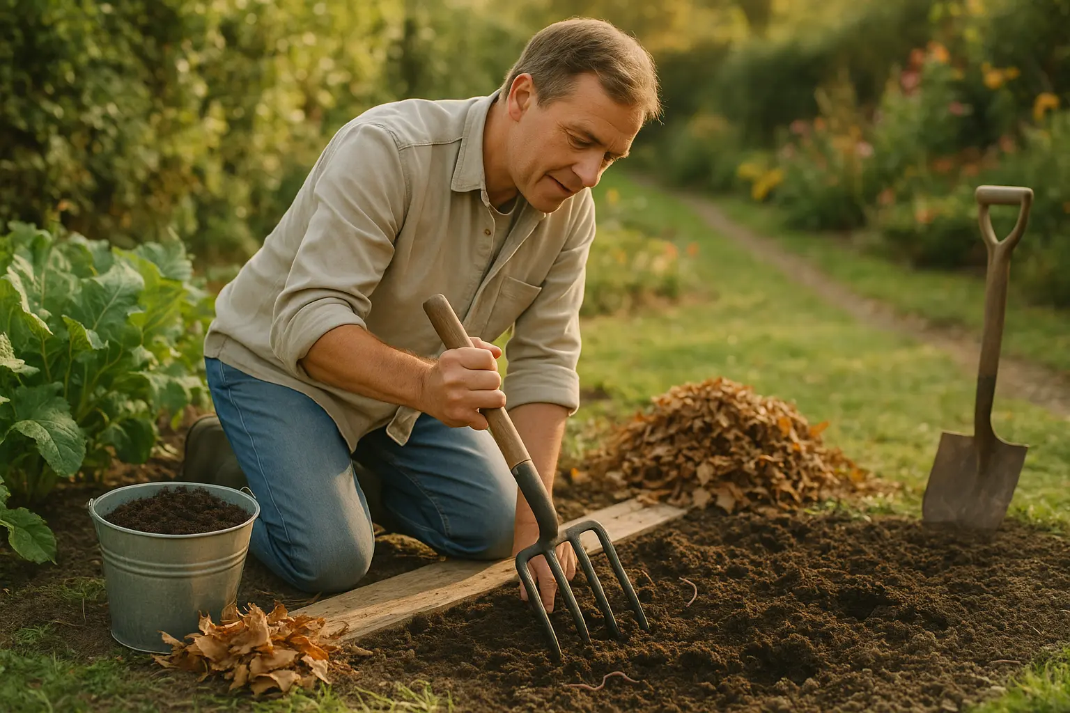 Person lockert Gartenboden mit Grabegabel und bringt Kompost und Mulch auf
