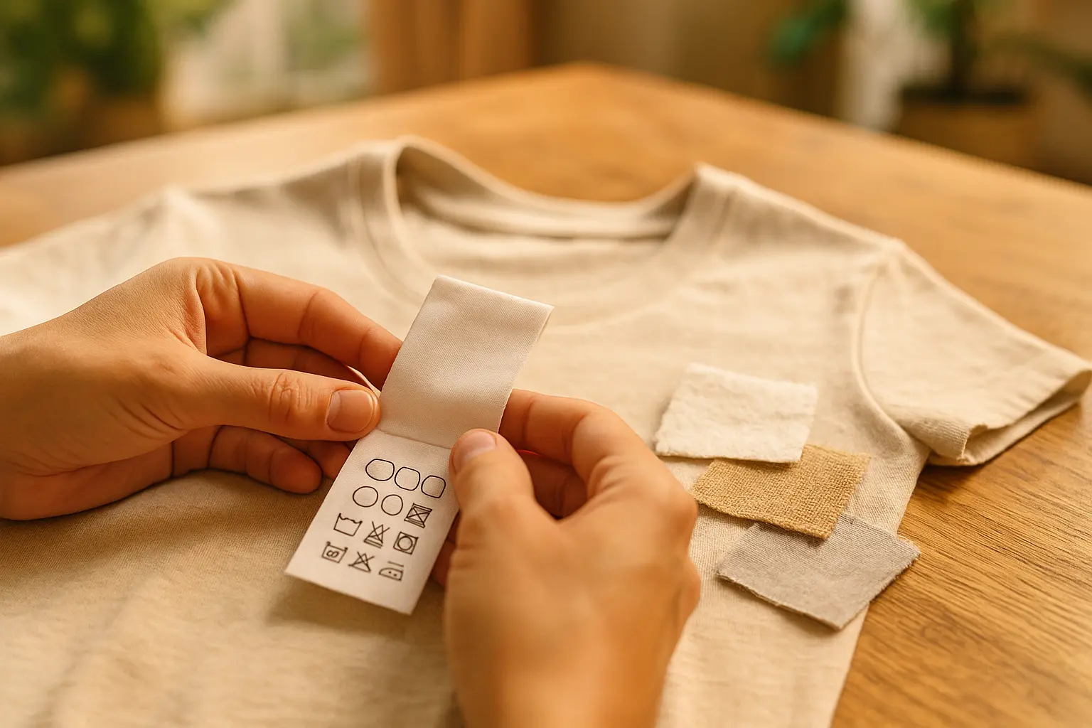 Hände prüfen das Etikett eines T-Shirts und vergleichen Stoffproben aus Baumwolle, Leinen und Polyester auf einem Holztisch