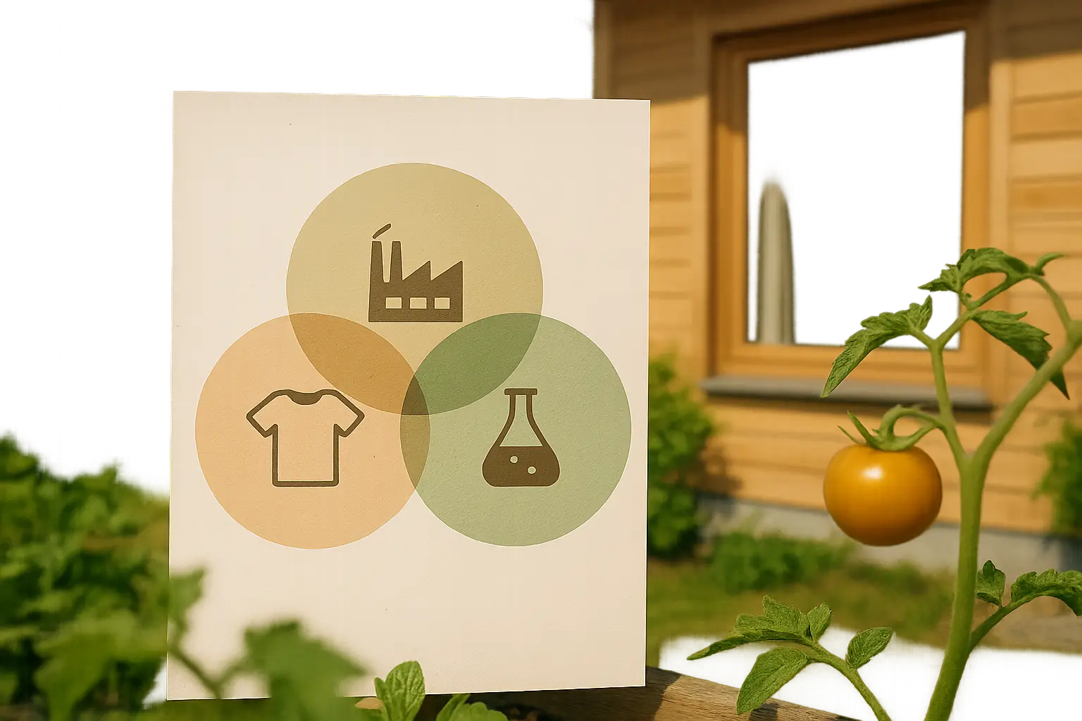 Textfreie Grafik mit drei überlappenden Kreisen und Symbolen für Endprodukt, Lieferkette und Chemikalienmanagement bei...