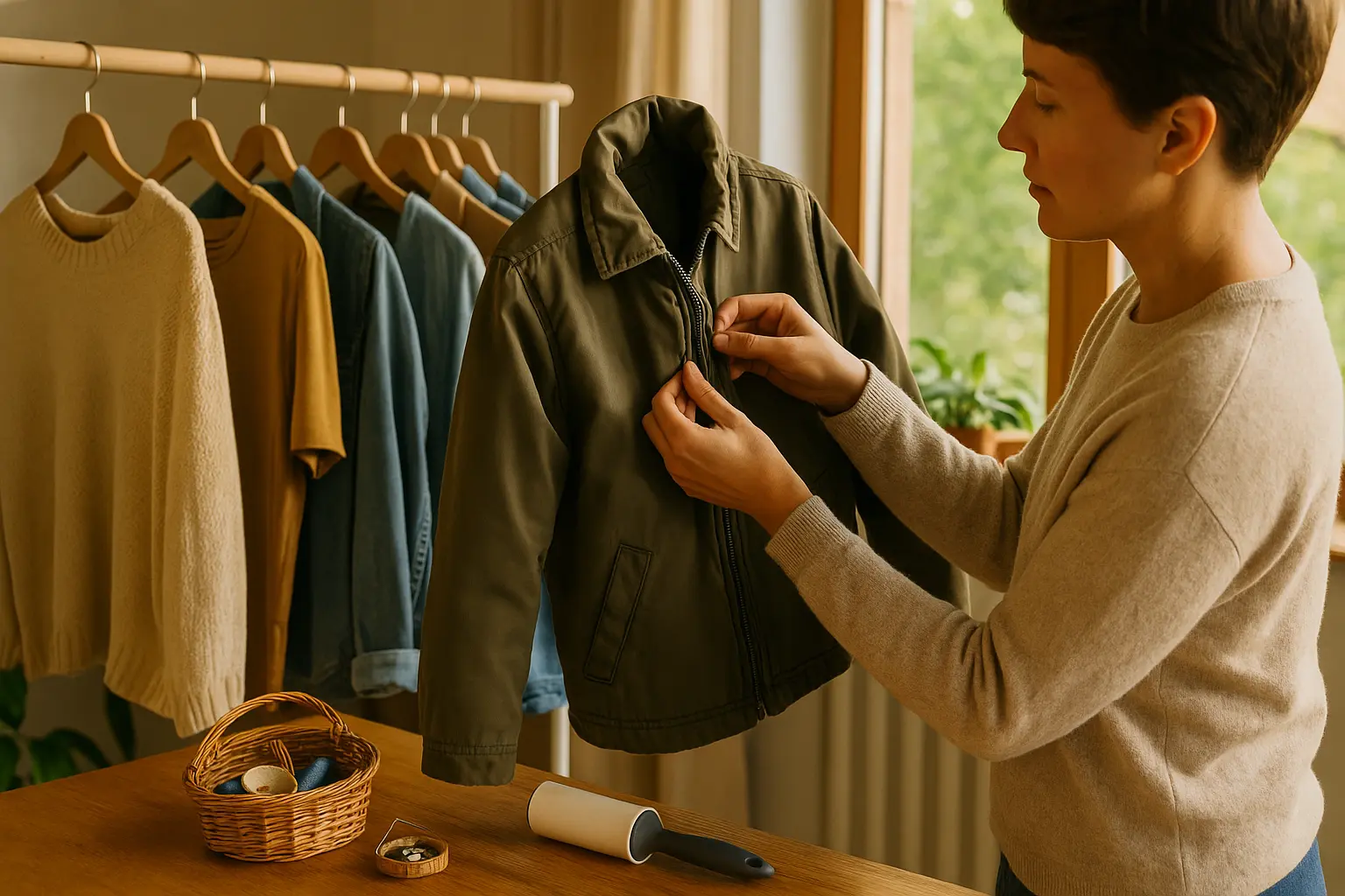 Person prüft bei einer Secondhand-Jacke Naht und Reißverschluss an einer Kleiderstange in wohnlicher Umgebung