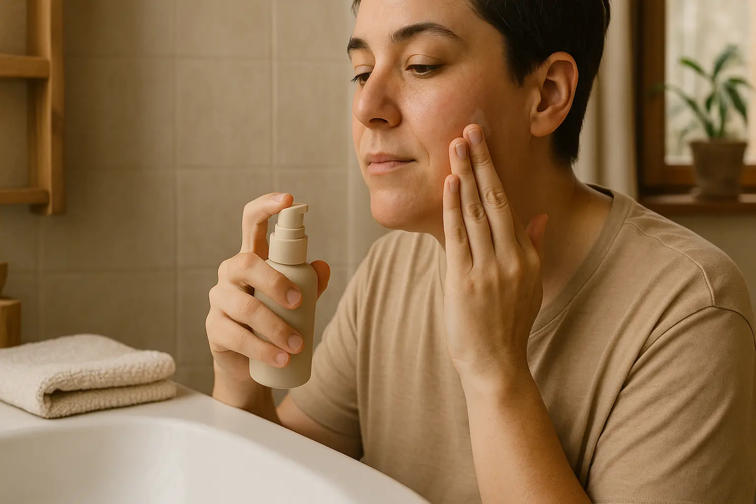 Person tupft nach der Rasur ein alkoholfreies Aftershave-Balm auf die Wange; daneben liegen Aloe-vera-Blätter und ein...