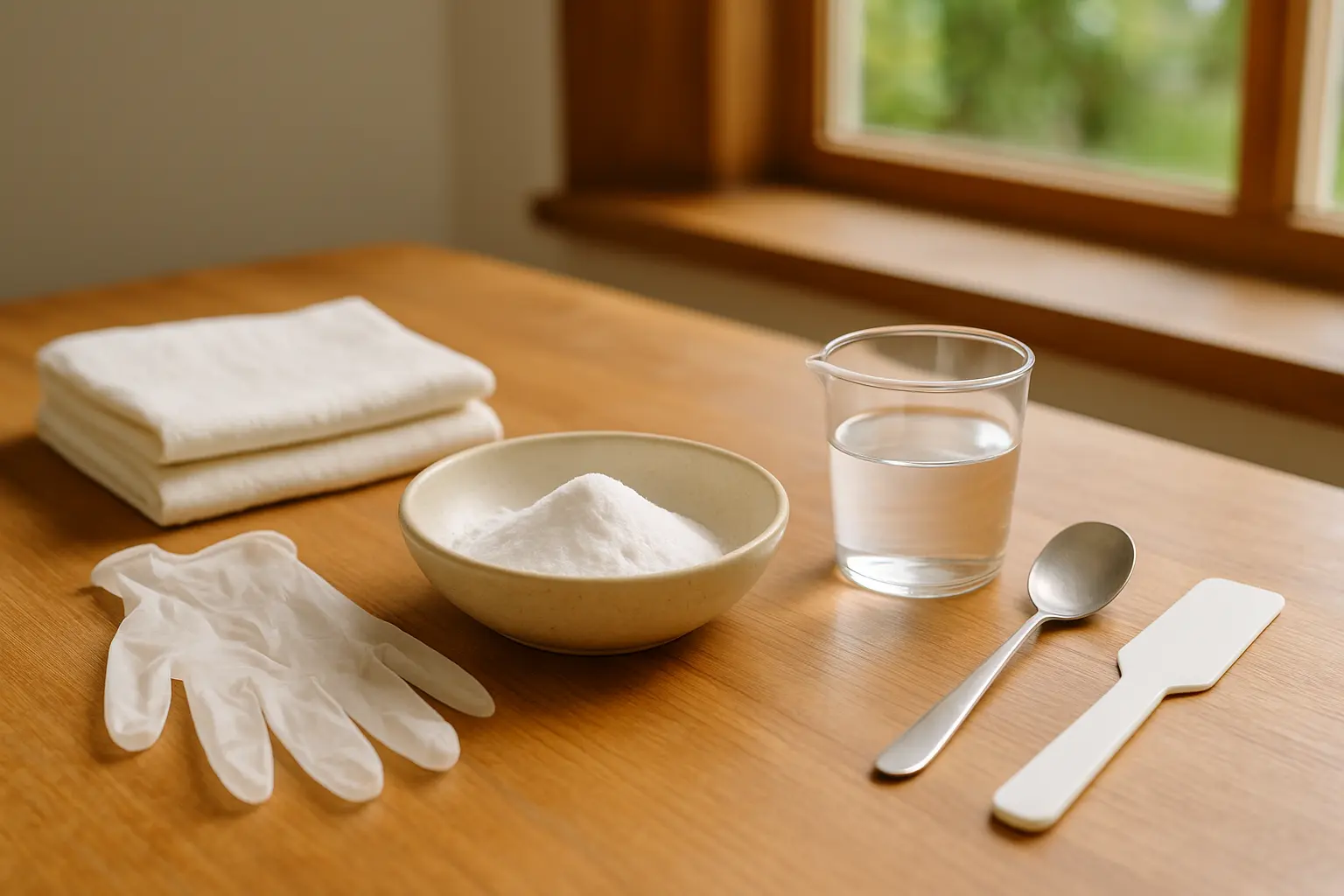 Natron, Wasser und Werkzeuge zum Anrühren einer Backofenreiniger-Paste auf einer Holzarbeitsplatte
