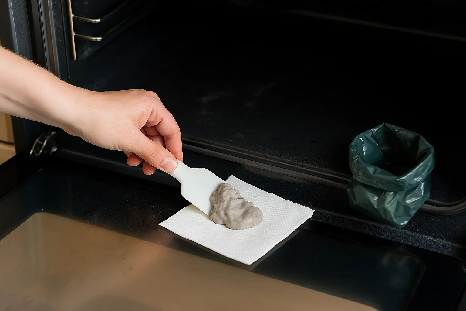 Rückstände einer Natronpaste werden mit Kunststoffschaber und Küchenpapier aus dem Backofen aufgenommen