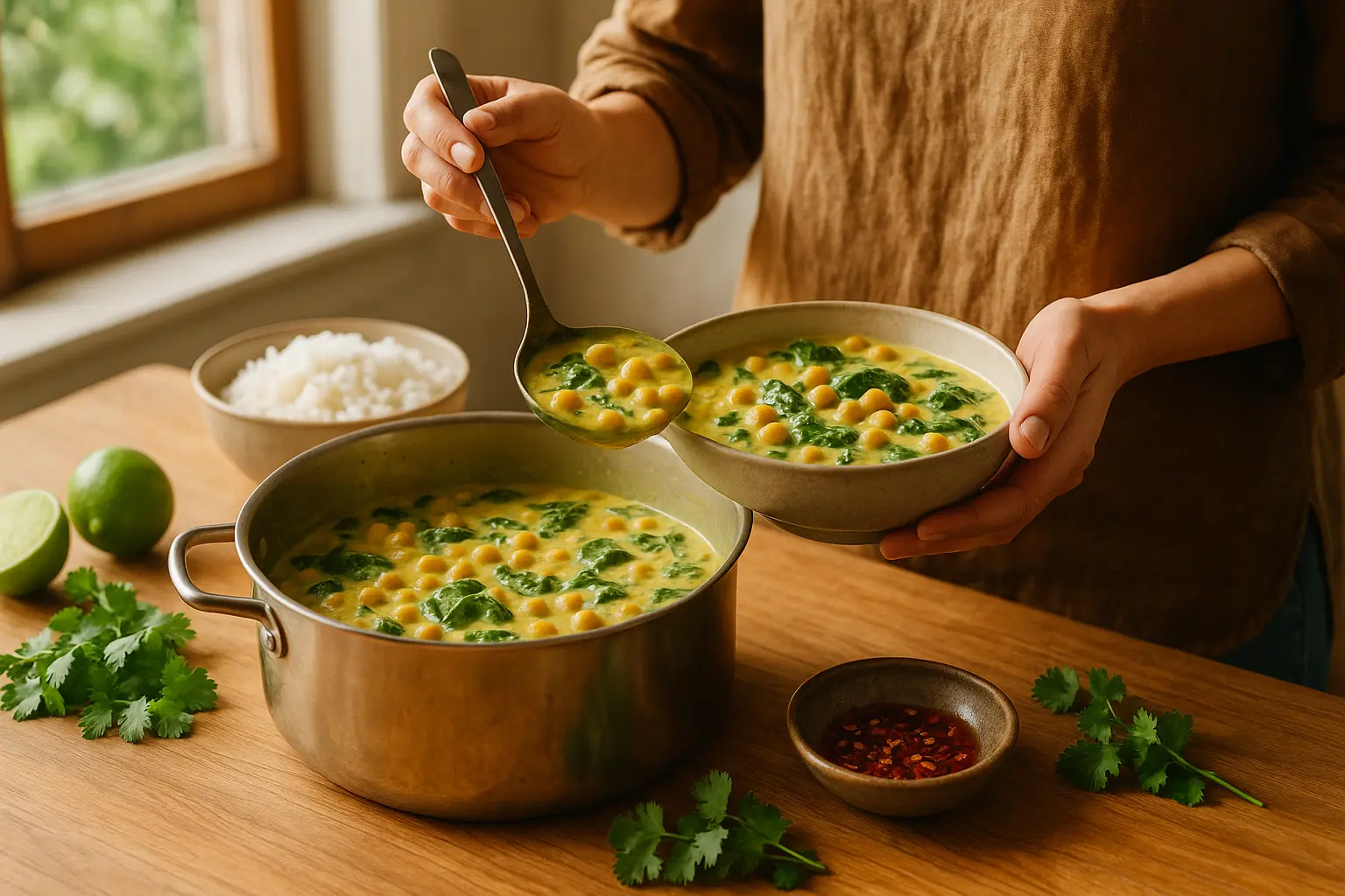 Serviertes One-Pot-Curry mit Kichererbsen, Spinat und Kokosmilch in einer wohnlichen Küche, mit Limette und optionaler...