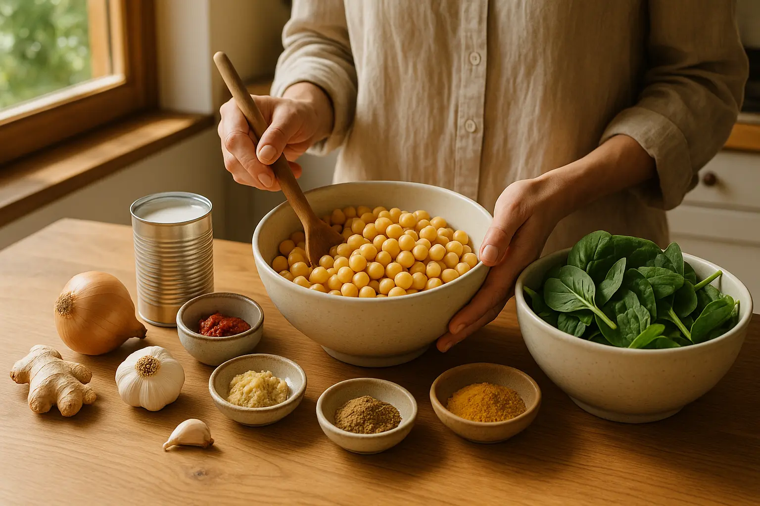 Vorbereitete Zutaten für ein One-Pot-Curry: Kichererbsen, Spinat, Kokosmilch, Ingwer und Gewürze auf einer Holzarbeitsplatte