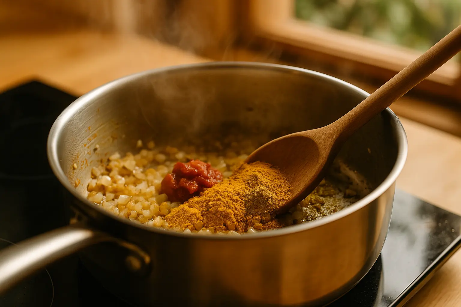 Gewürze und Tomatenmark werden im Topf angeröstet, bevor Brühe und Kokosmilch zugegeben werden