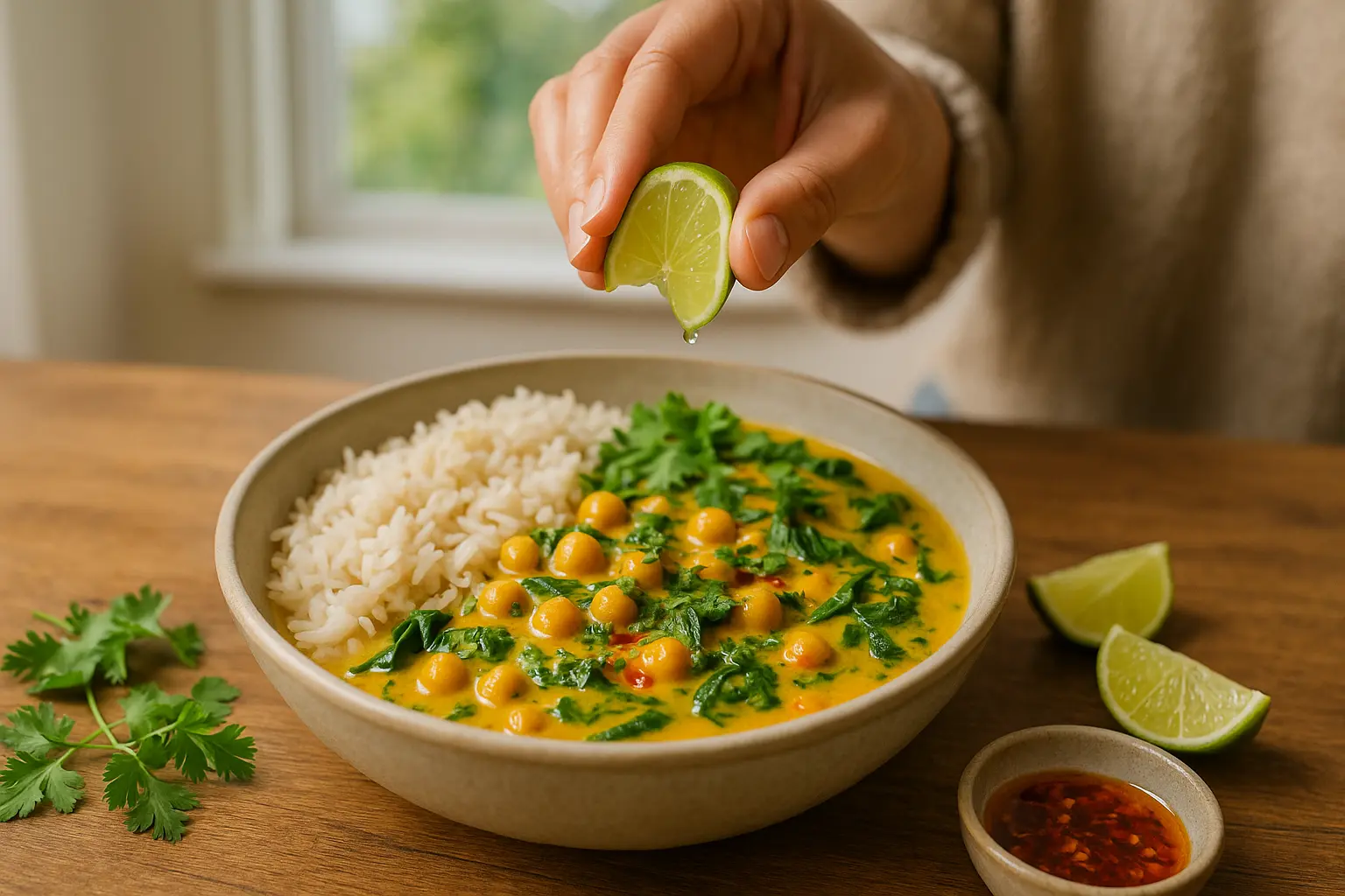 Fertiges One-Pot-Curry mit Kichererbsen, Spinat und Kokosmilch in einer Schale mit Limette und optionalem Chili-Topping