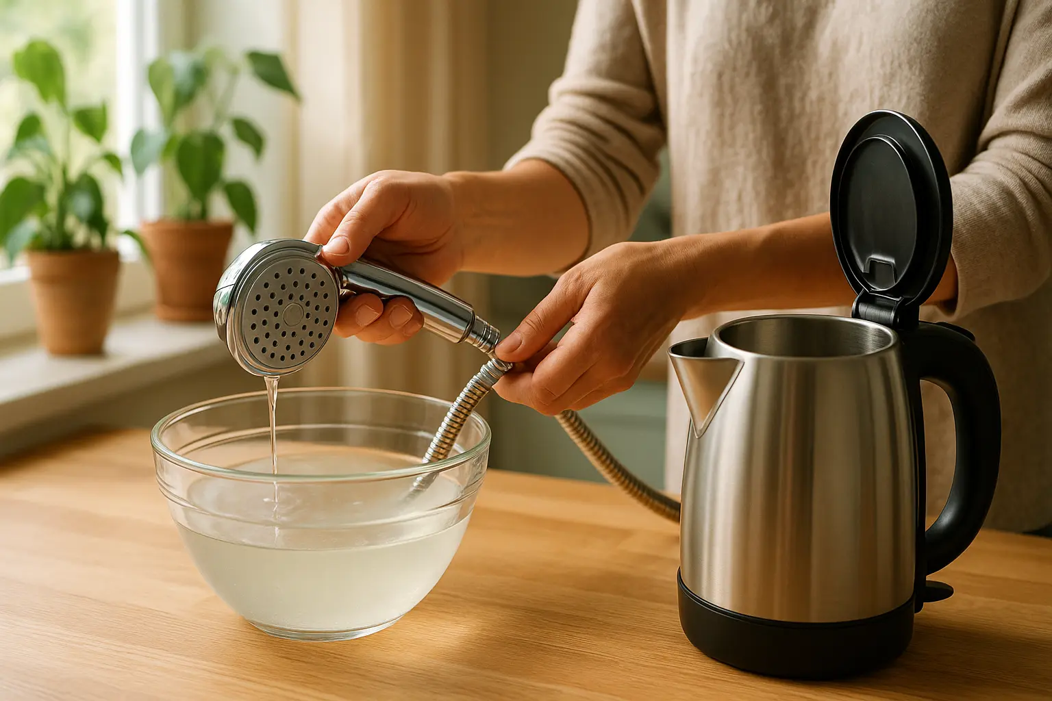 Hände entkalken Duschkopf und Wasserkocher in einer hellen Küche mit Zitronensäure-Lösung.