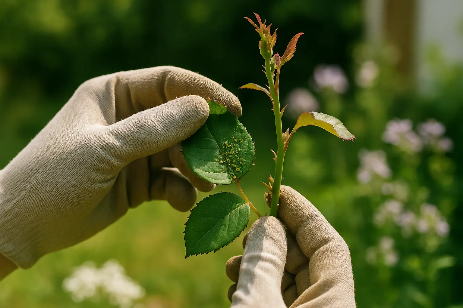 Hände prüfen Blattunterseite mit Blattläusen an einer Rosen-Triebspitze im Garten