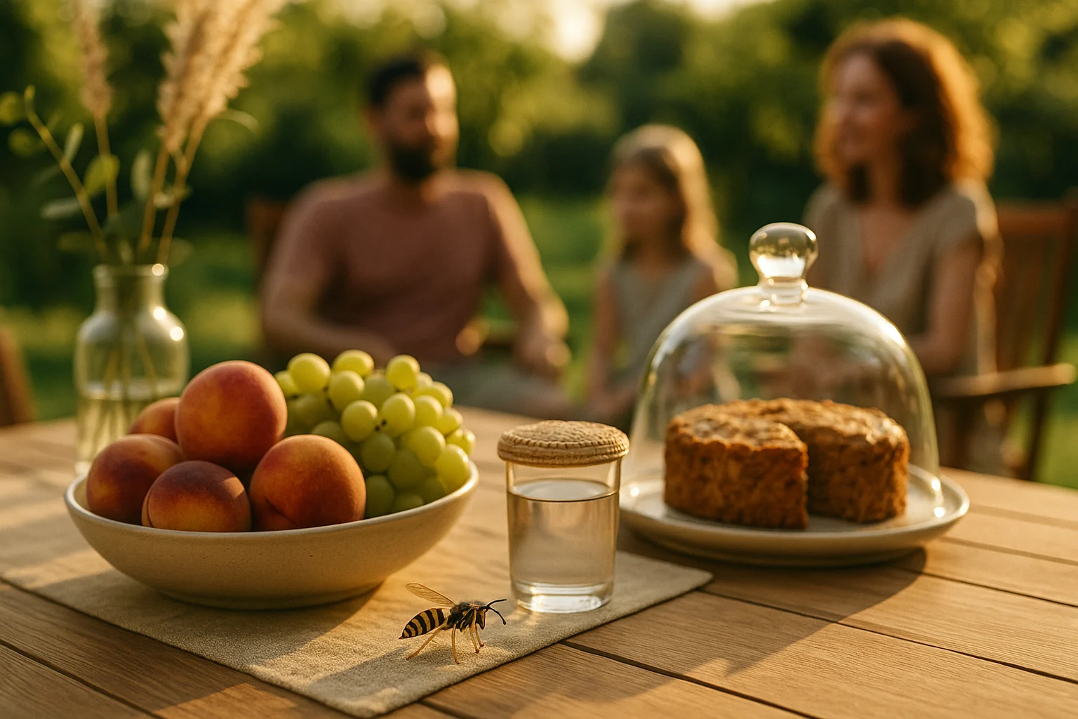 Sommerlicher Gartentisch mit abgedeckten Speisen; eine Wespe sitzt in der Nähe einer Obstschale, im Hintergrund unscharf...