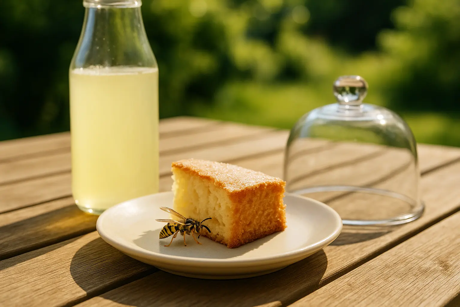 Wespe am Gartentisch nahe Kuchen und süßem Getränk; eine Abdeckhaube liegt bereit.