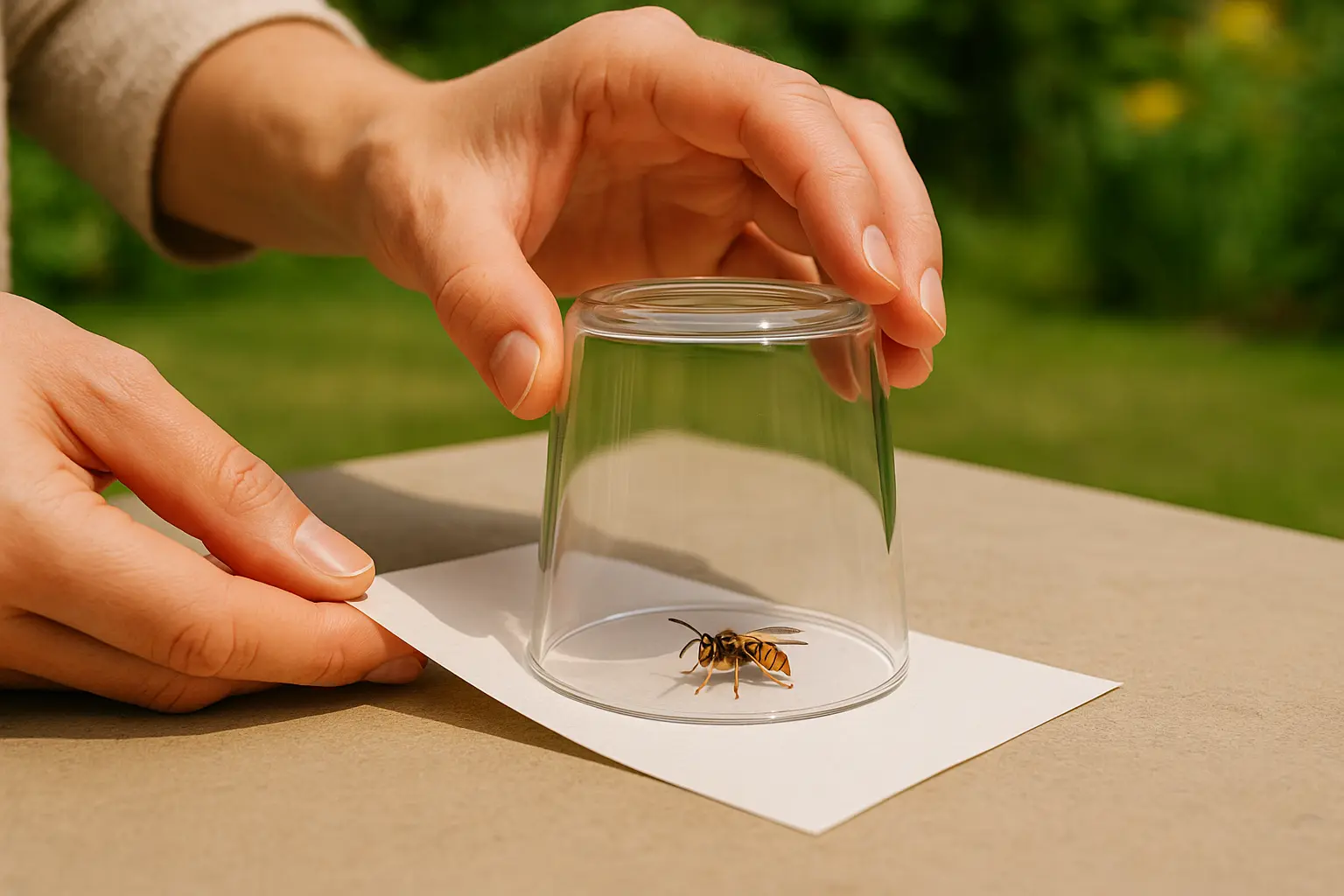 Durchsichtiger Becher über einer Wespe, Papier wird vorsichtig darunter geschoben, um das Tier umzusetzen.