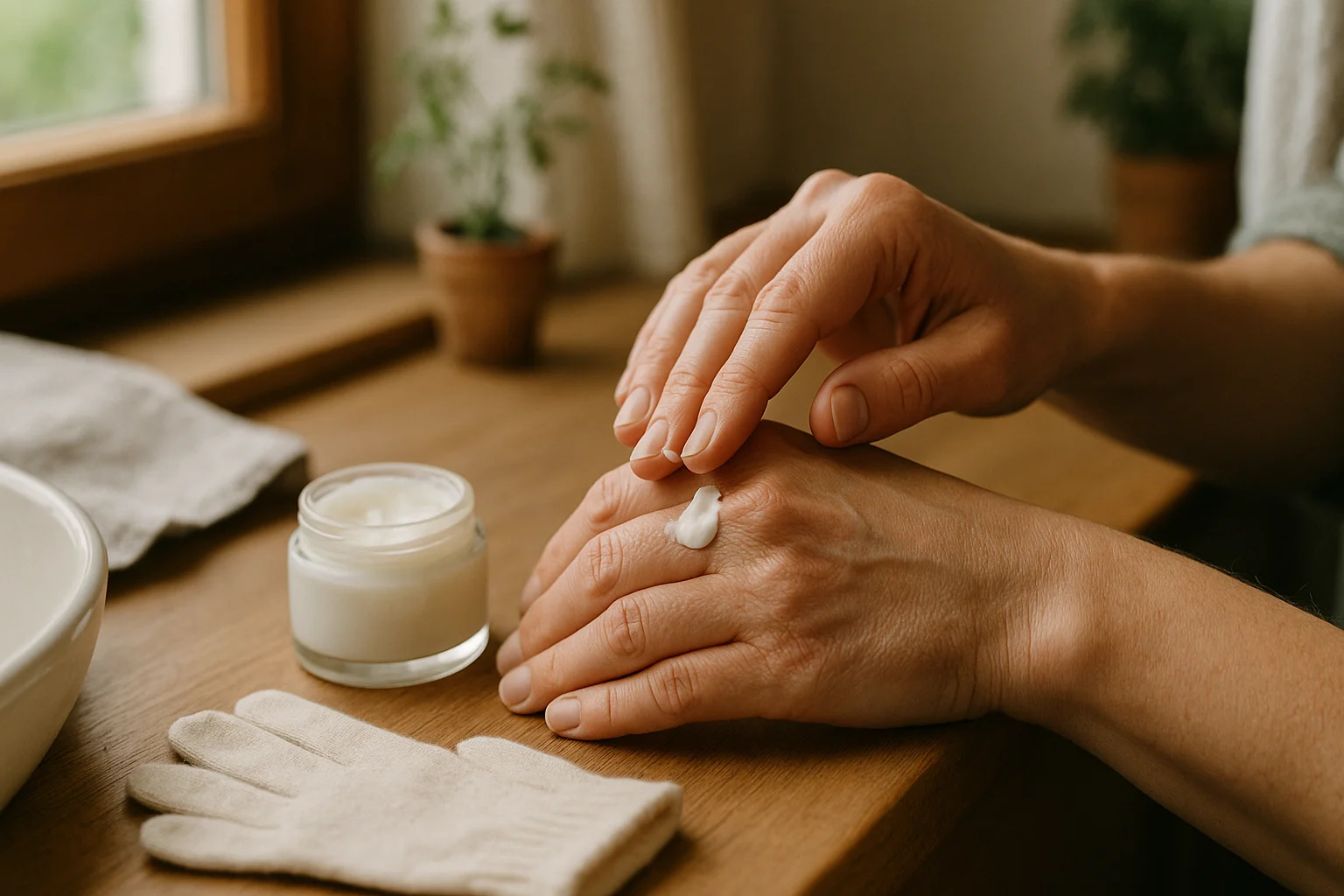 Person trägt Handcreme als Barriereschutz auf trockene Hände auf; daneben liegen Baumwollhandschuhe im warmen Tageslicht.