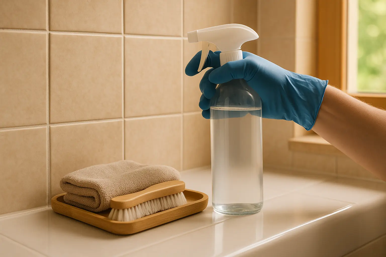 Hand mit Nitrilhandschuh und Sprühflasche im Badezimmer neben Mikrofasertuch und Fugenbürste zur gezielten Schimmelentfernung