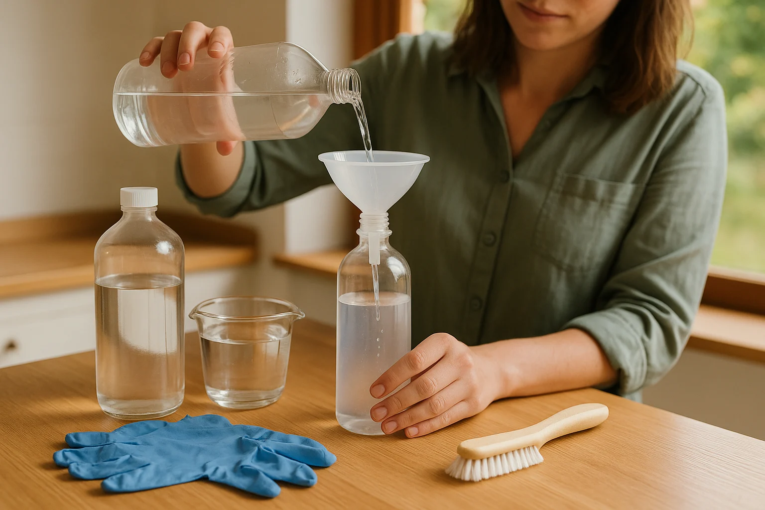 Zutaten und Werkzeug zum Ansetzen eines alkoholbasierten Schimmel-Stop-Sprays: Alkohol, Wasser, Sprühflasche, Trichter und...