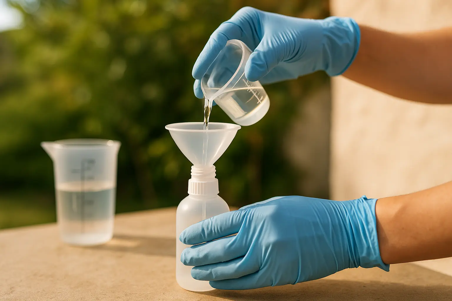 Abmessen und Einfüllen der Alkohol-Wasser-Mischung in eine Sprühflasche mit Trichter.