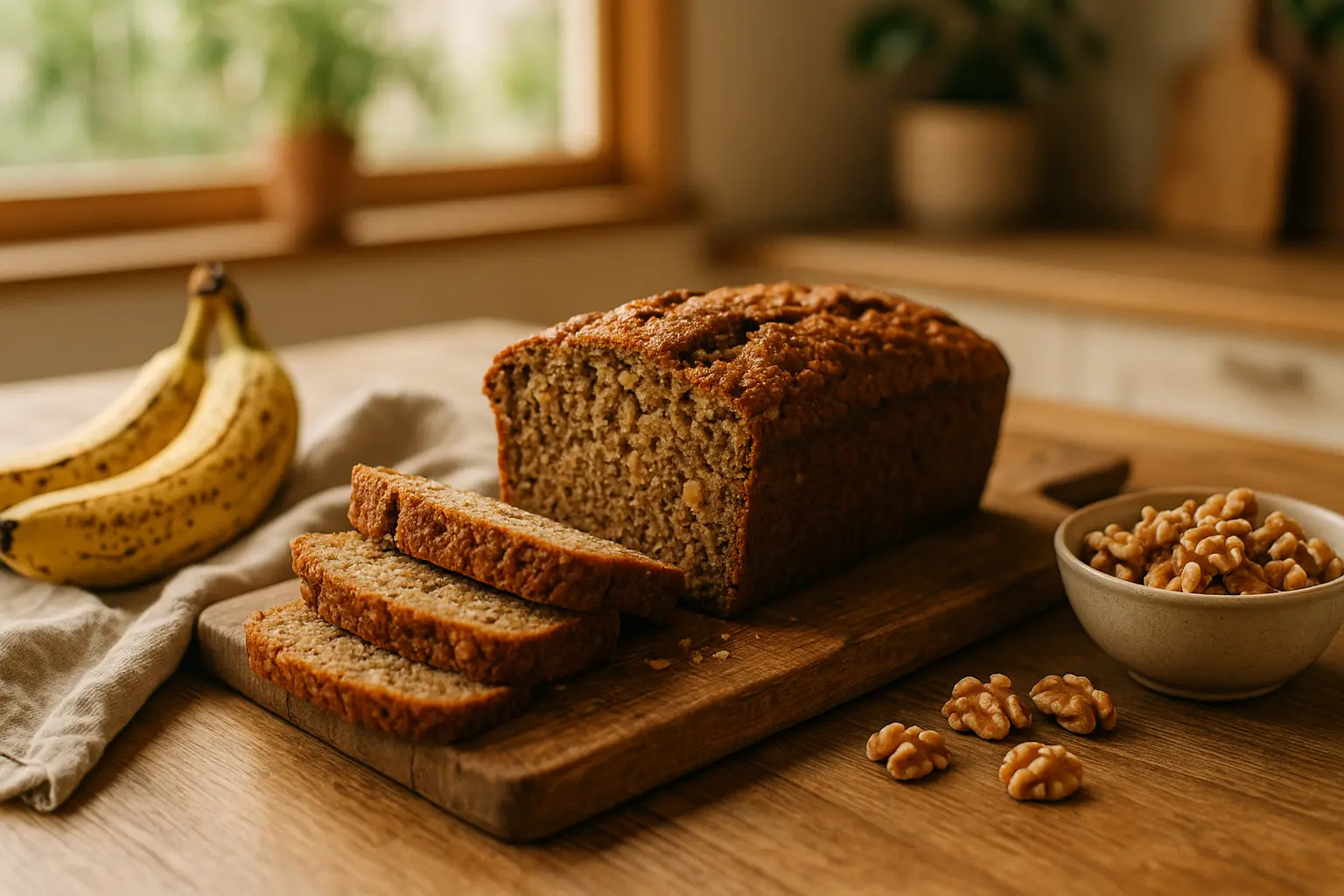 Angeschnittenes veganes Bananenbrot mit Haferflocken und Walnüssen auf einem Holzbrett, daneben reife Bananen.