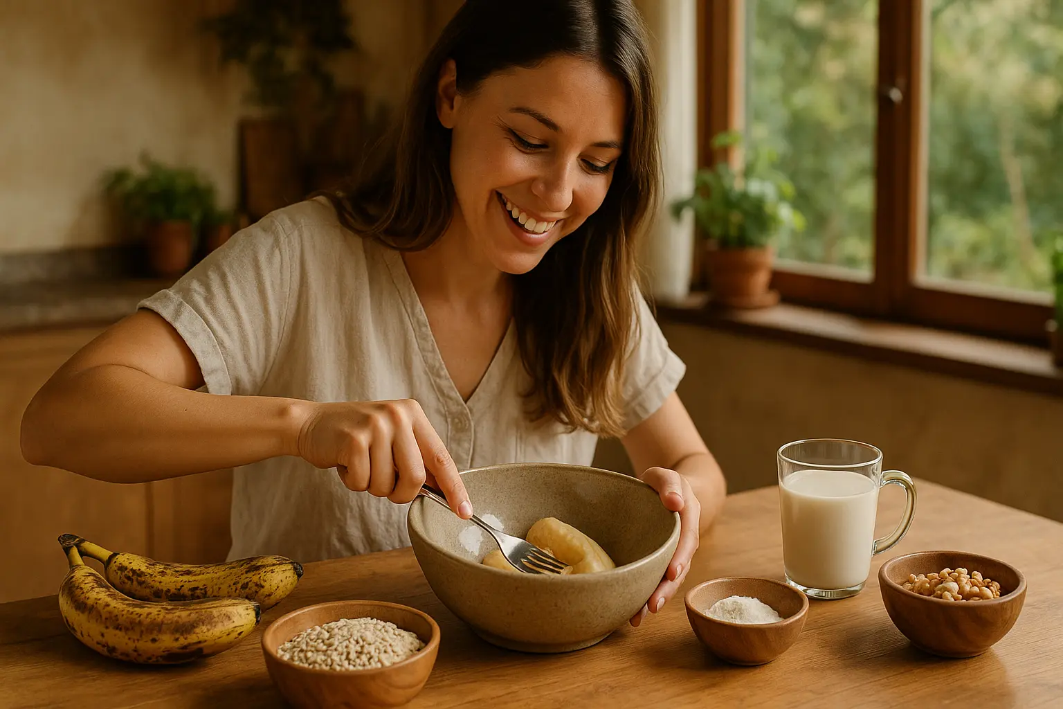Sehr reife Bananen, Haferflocken und Walnüsse als Zutaten für veganes Bananenbrot auf einem Holztisch.
