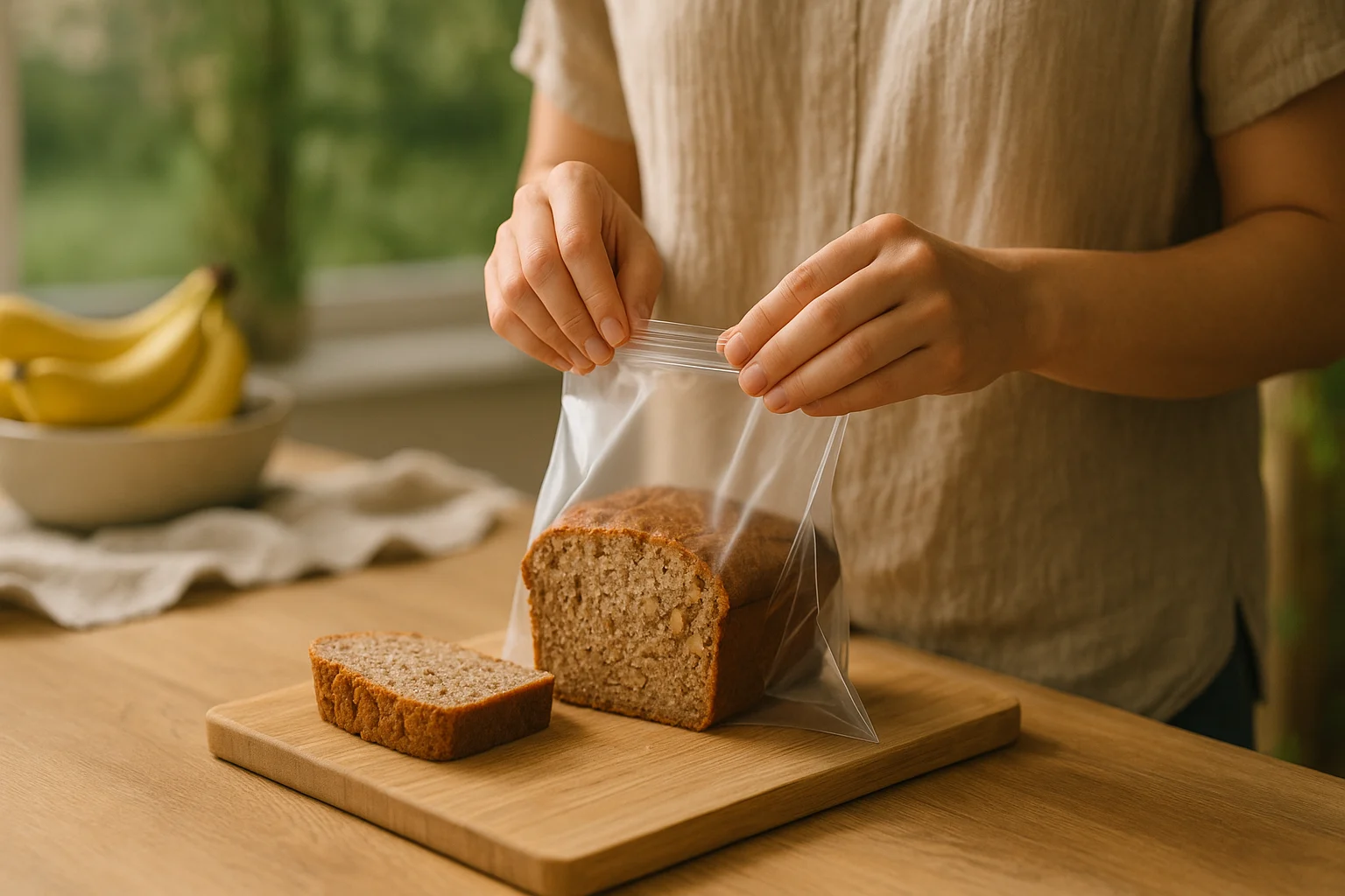 Angeschnittenes veganes Bananenbrot mit Haferflocken und Walnüssen auf einem Holzbrett in warmer Küchenatmosphäre.