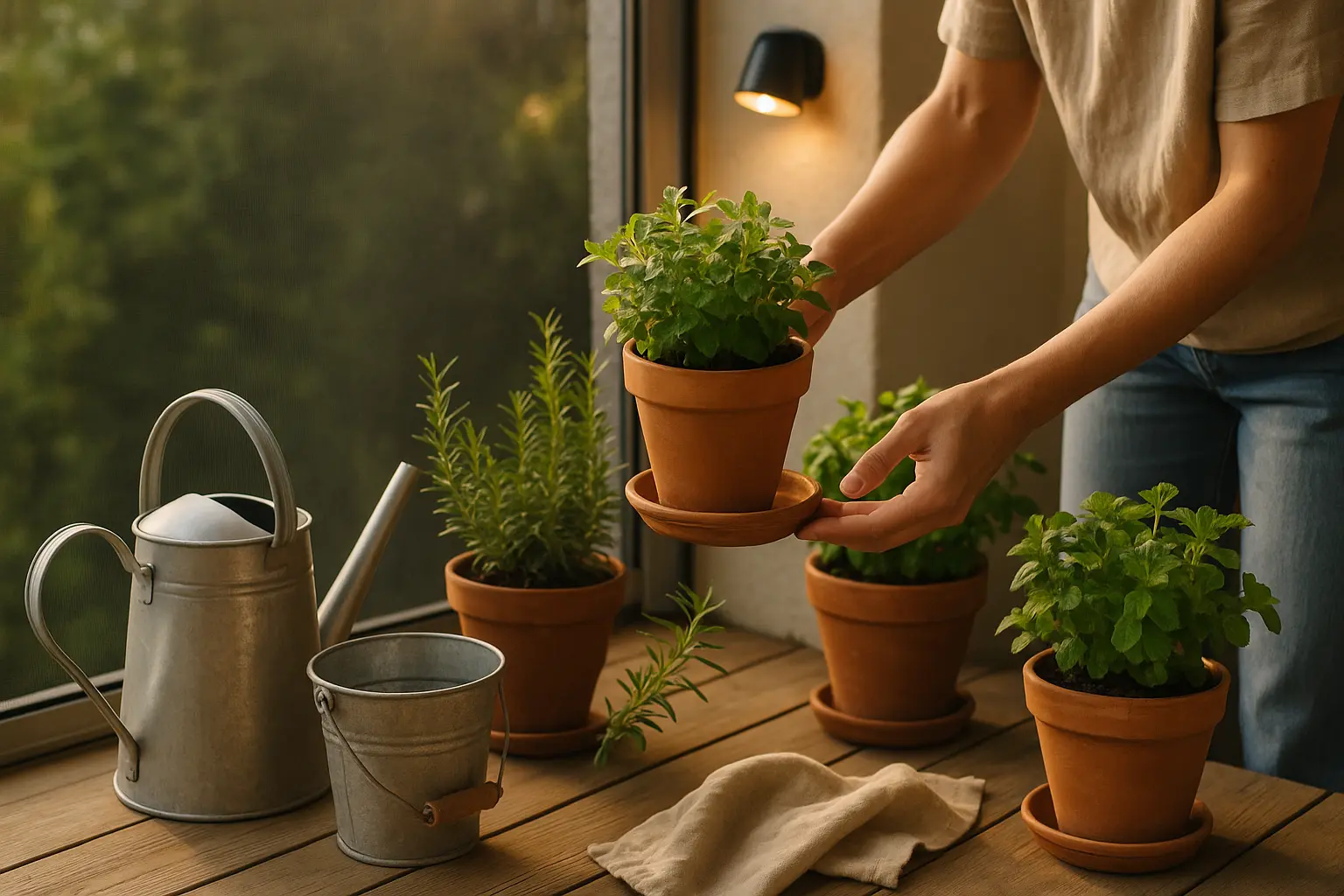 Person prüft auf dem Balkon einen Blumentopf-Untersetzer auf stehendes Wasser und mückensichere Ordnung ohne Chemie.