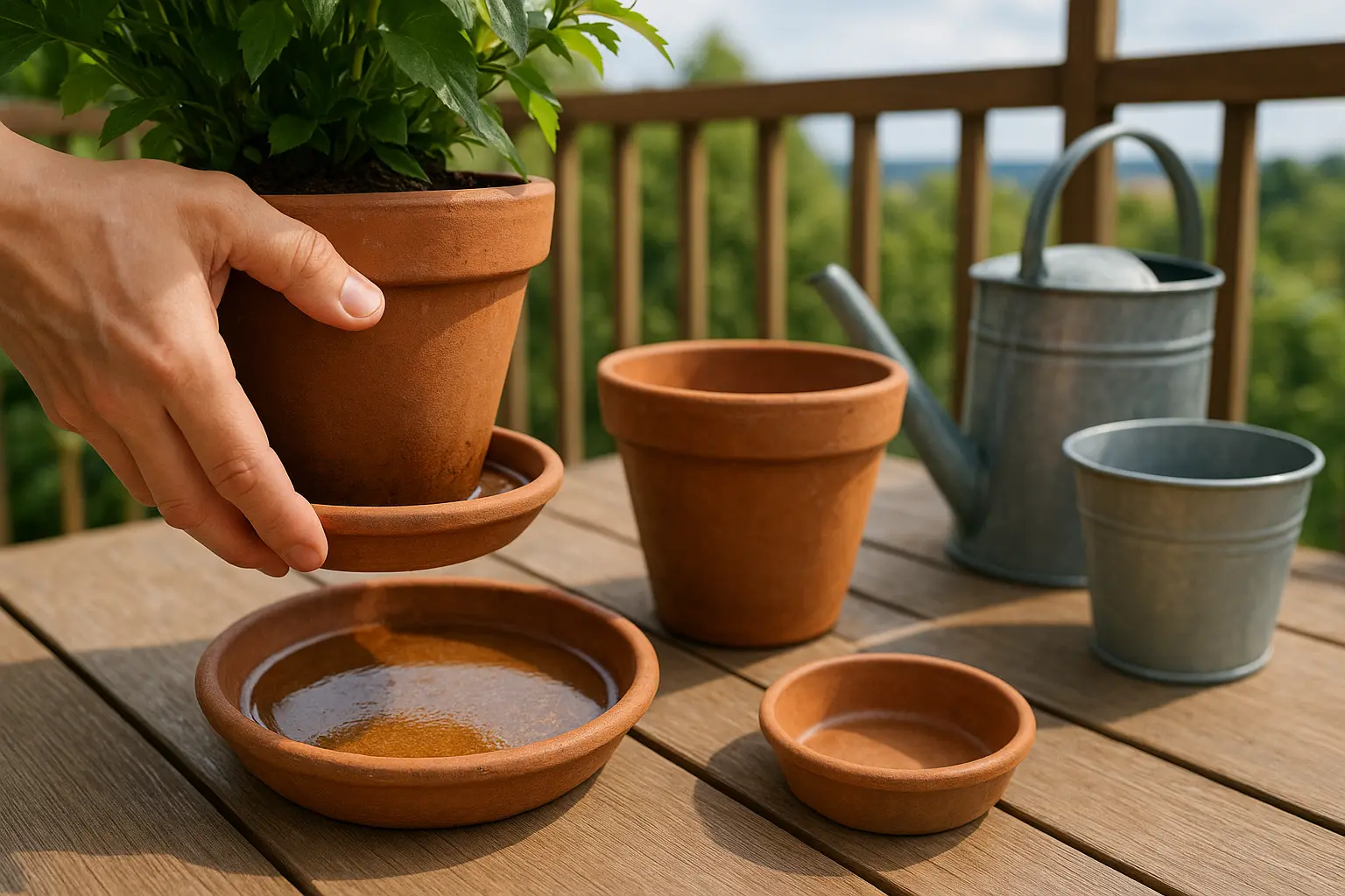Hand hebt einen Blumentopf an und zeigt stehendes Wasser im Untersetzer als Mücken-Brutstätte auf dem Balkon.