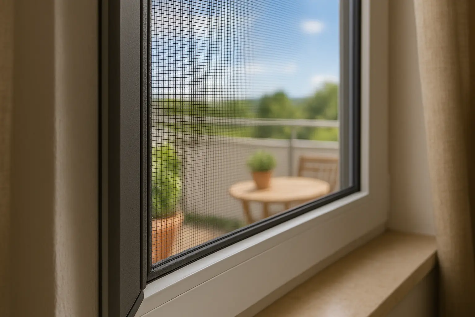 Detail eines montierten Insektenschutzgitters am Fensterrahmen ohne sichtbare Spalten.