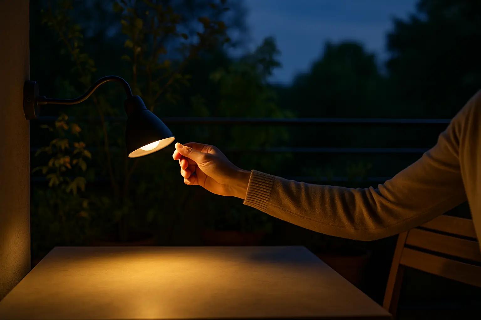 Gezielte, warme Balkonbeleuchtung am Abend mit kleinem Lichtkegel auf dem Tisch, Umgebung gedimmt.