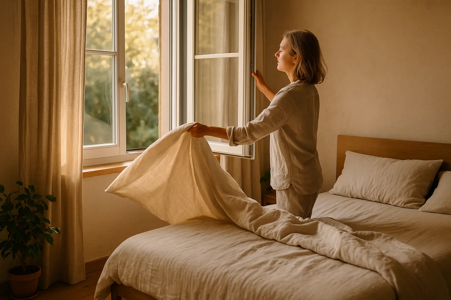 Morgendliches Lüften im Schlafzimmer mit naturfarbenem Bettzeug und weichem Licht