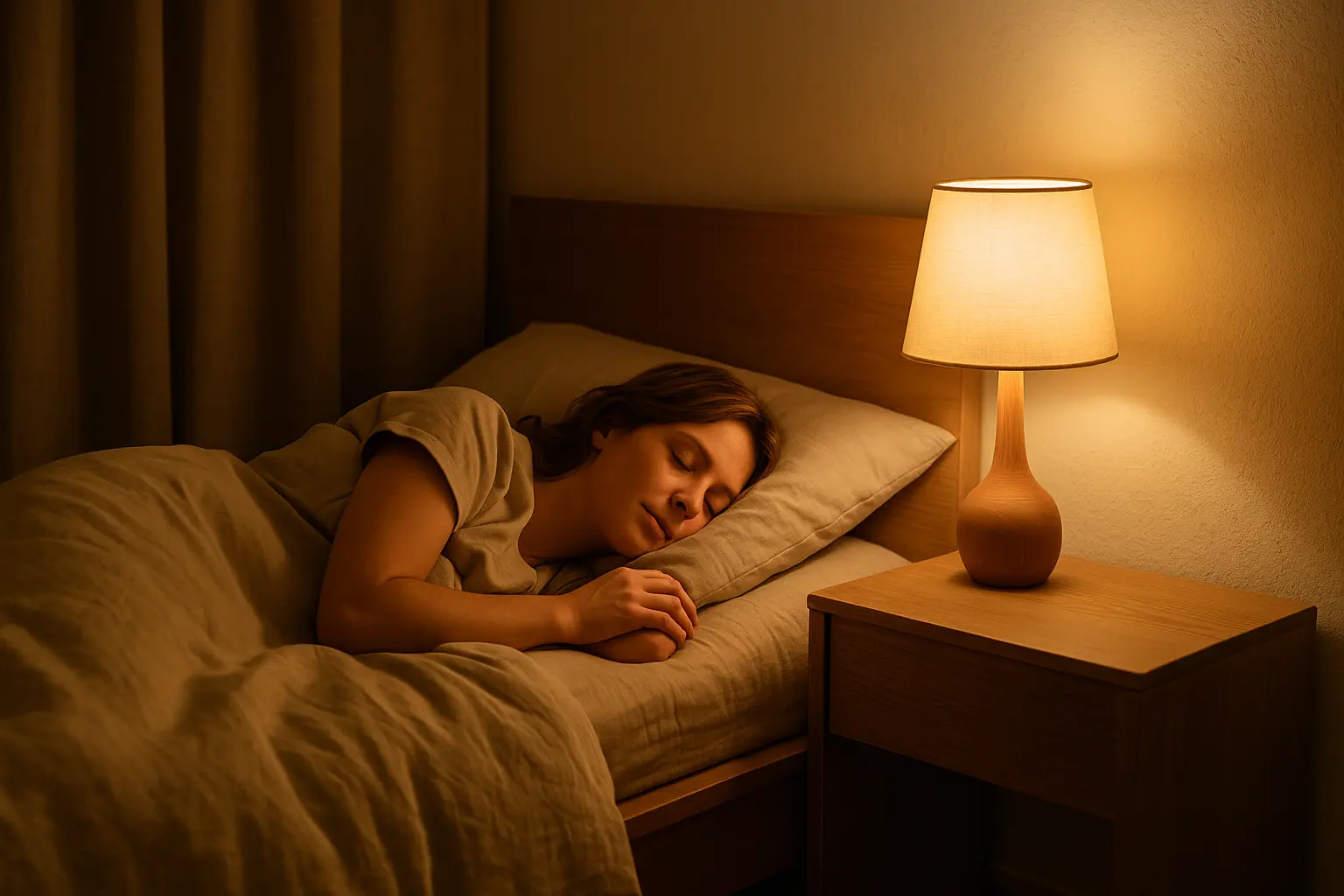 Warm gedimmte Nachttischlampe und Vorhänge sorgen für ruhige Lichtstimmung im Schlafzimmer