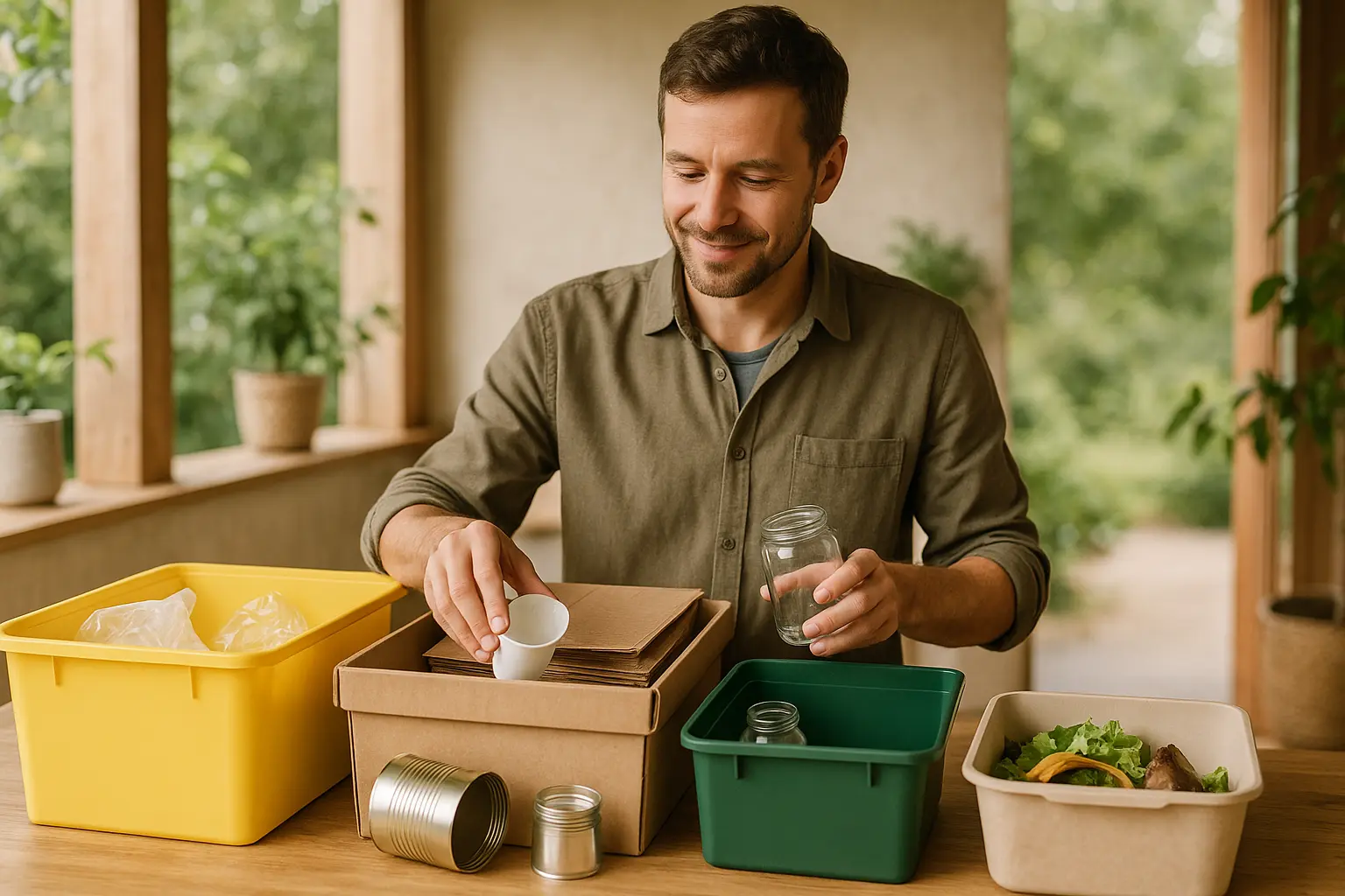 Person sortiert Verpackungen, Papier, Glas und Bioabfall in einer hellen Küche in getrennte Behälter.