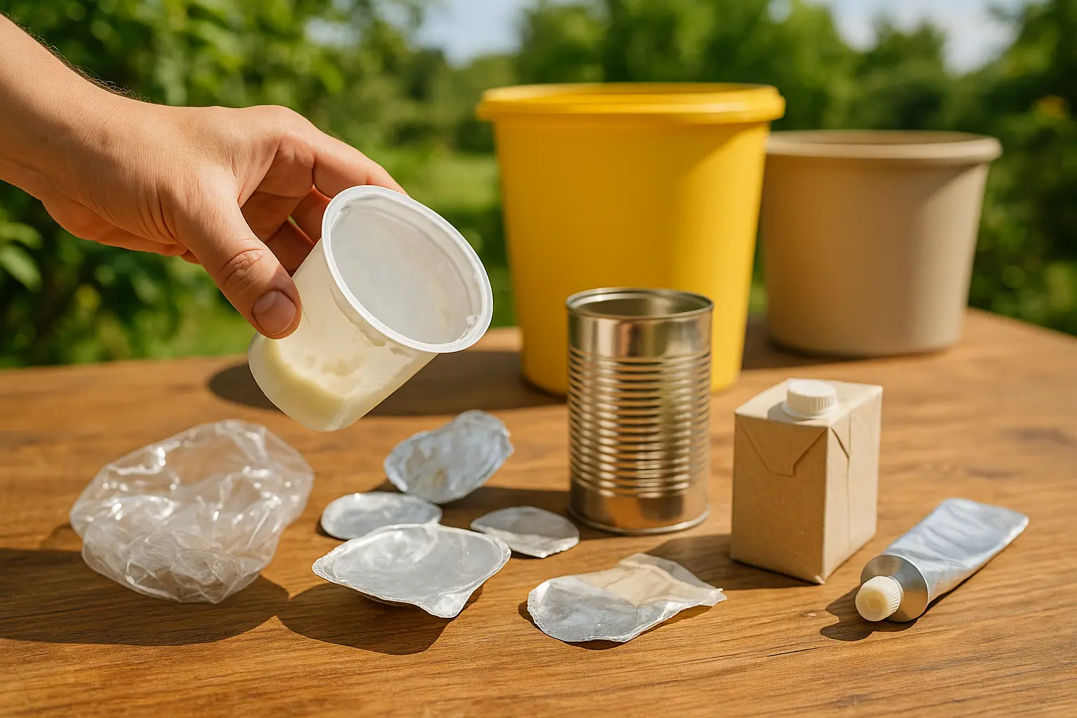 Restentleerte Leichtverpackungen wie Becher, Dose, Getränkekarton und Folie liegen sortiert auf einer Holzfläche.