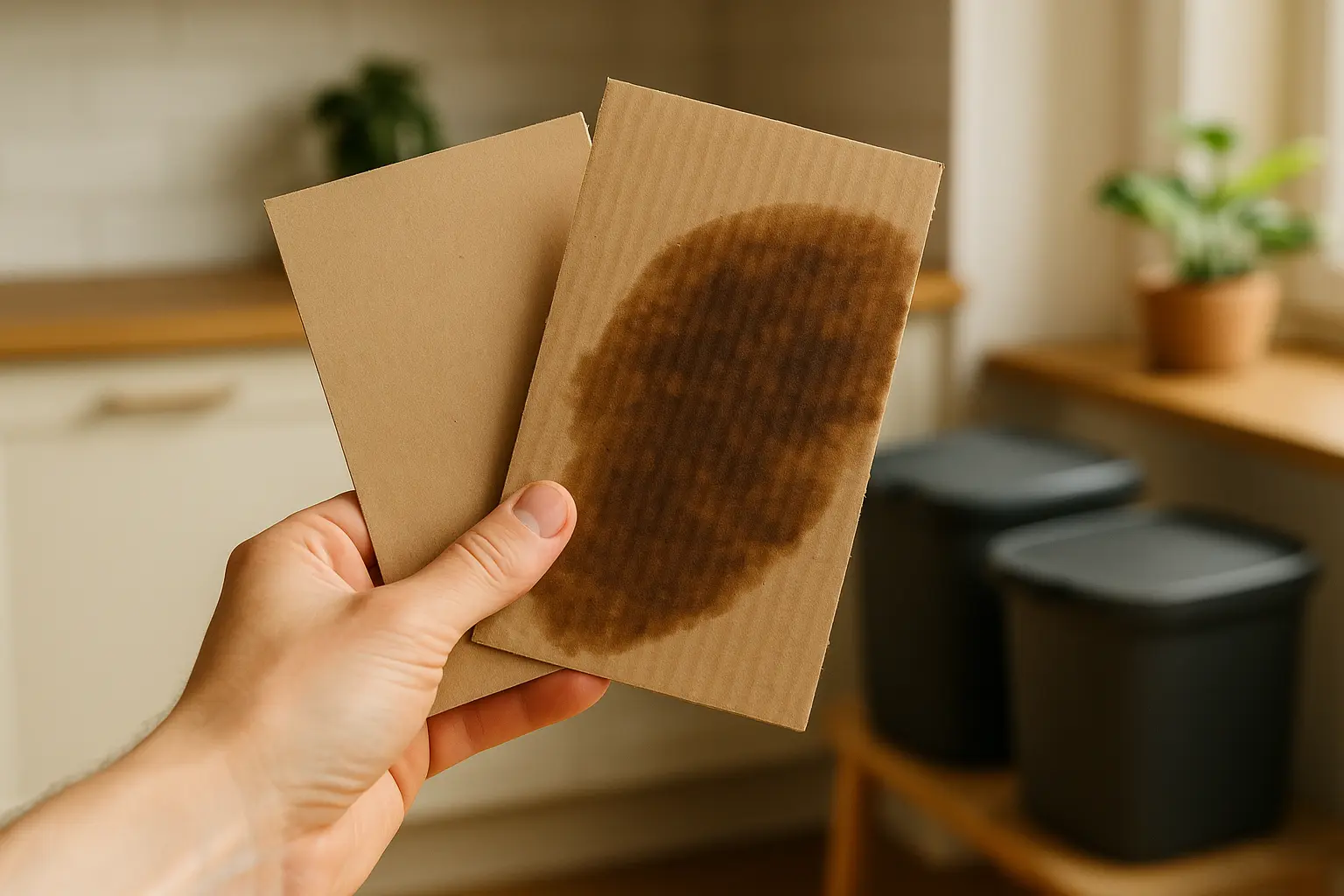 Hand zeigt saubere Pappe und ein fettiges Papierstück als Vergleich für die richtige Entsorgung.