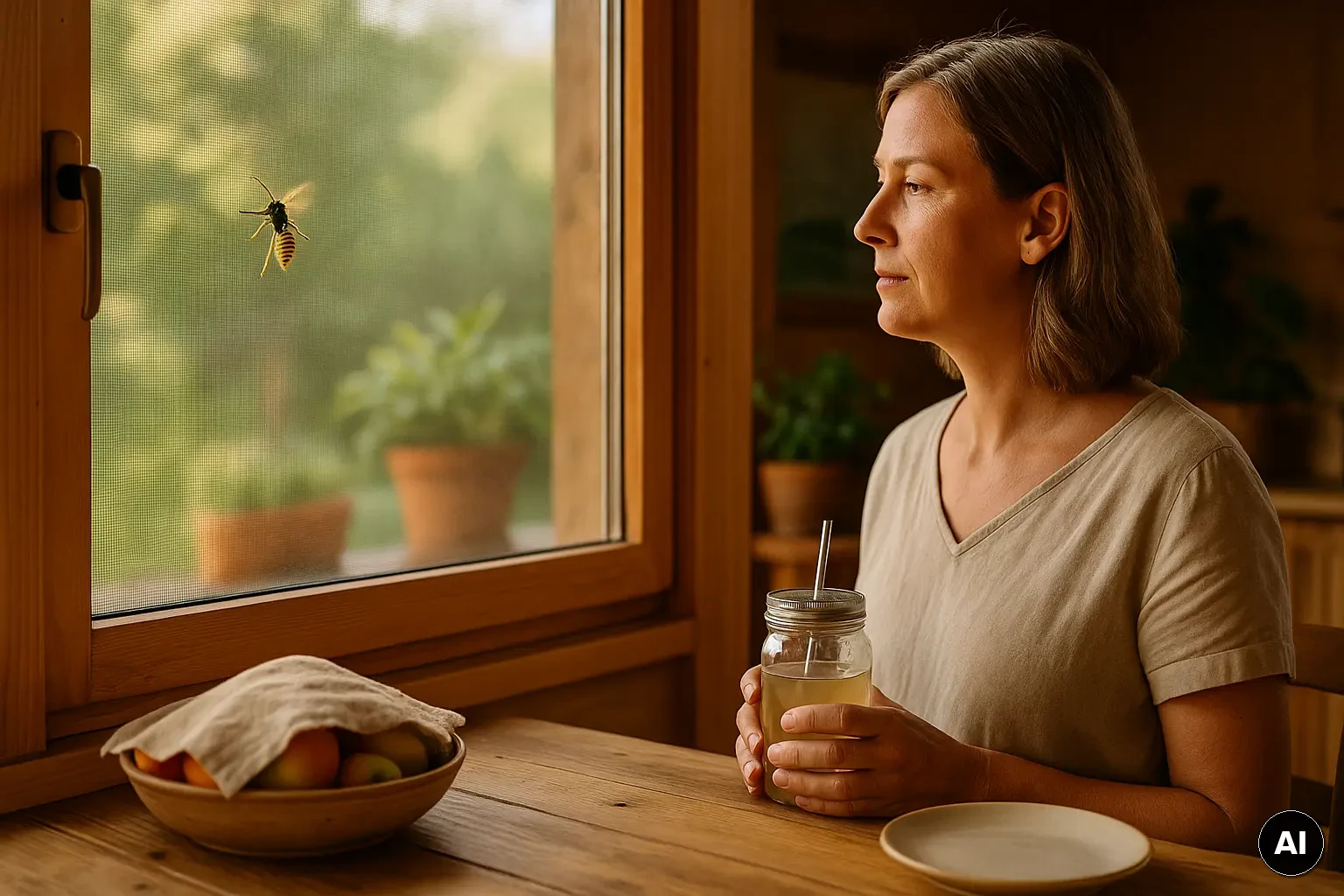 Person auf einer Holzterrasse am geöffneten Fenster mit Insektenschutzgitter, beobachtet ruhig ein einzelnes hornissen...