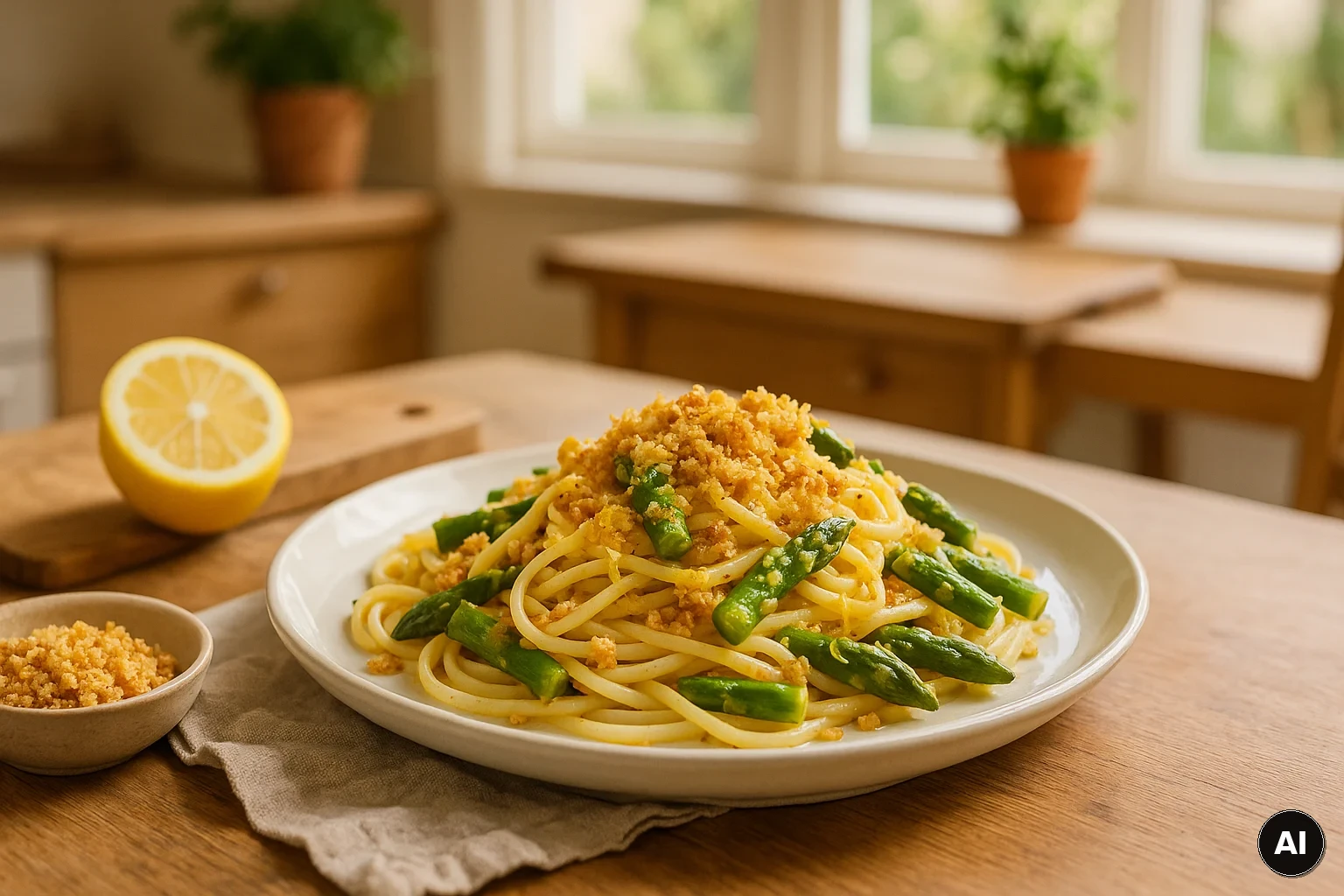 Teller Zitronen-Pasta mit grünem Spargel und knusprigen Mandelbröseln in einer warmen Wohnküche