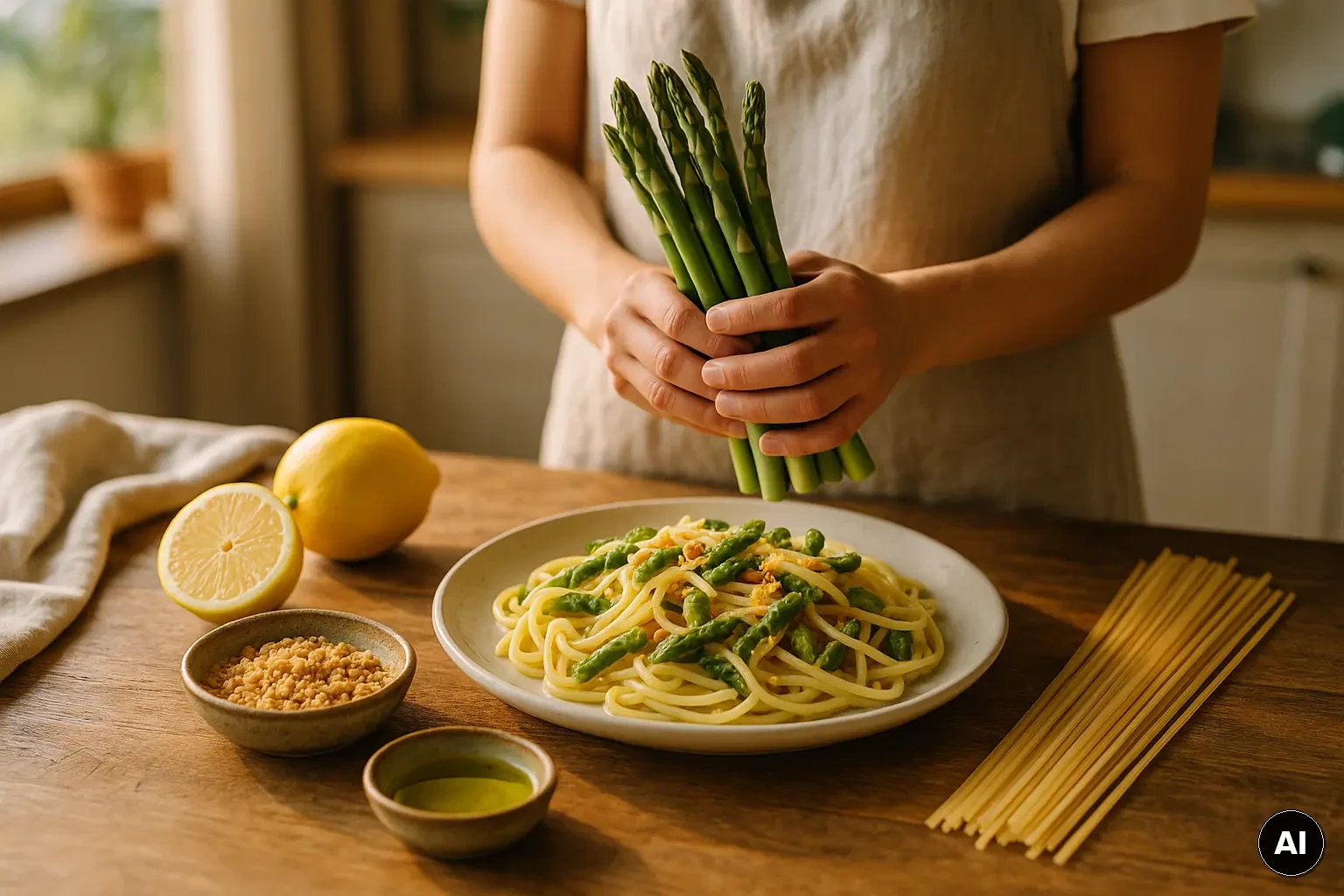 Zutaten für Zitronen-Pasta mit grünem Spargel und Mandelbröseln auf einem Holztisch