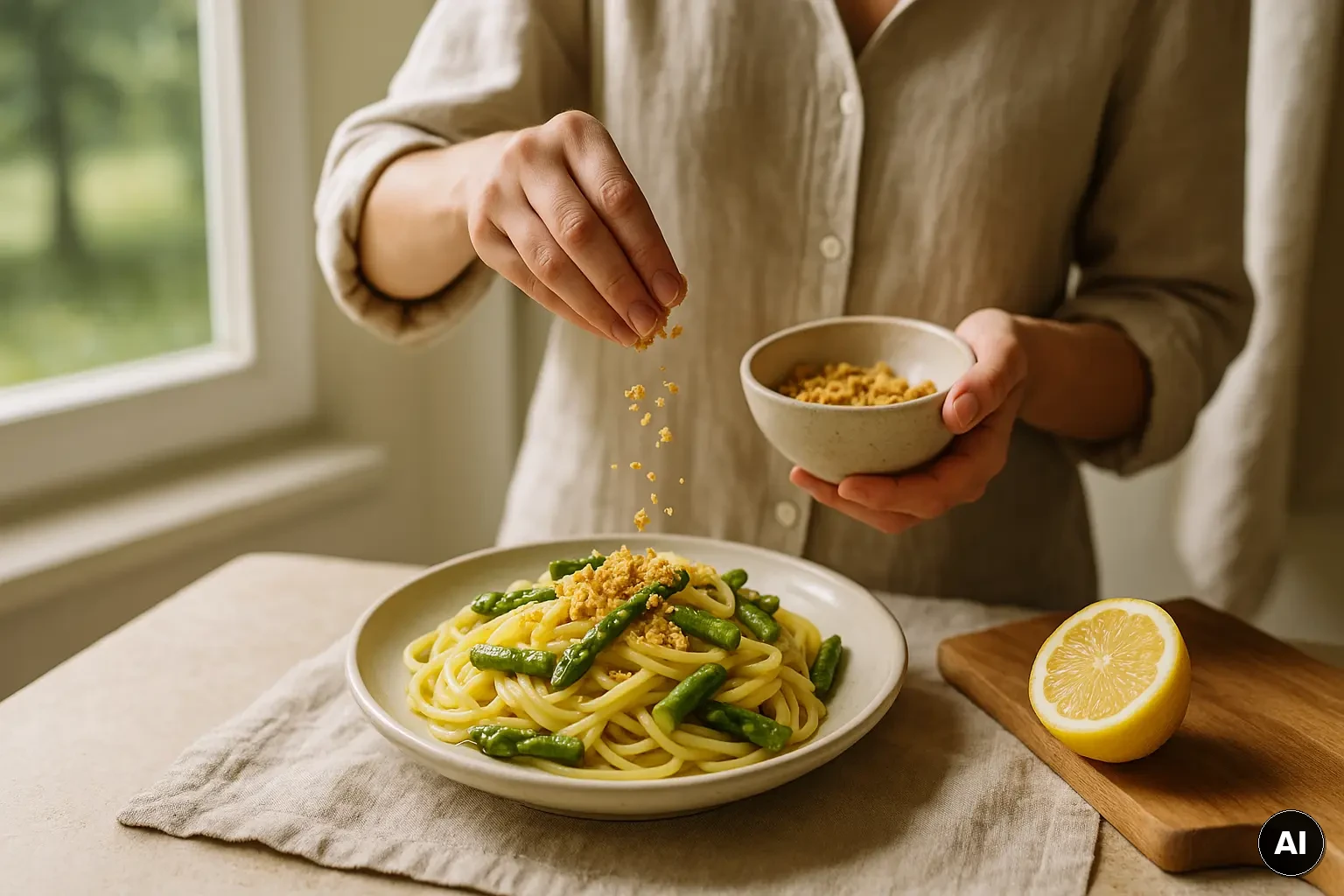 Fertige Zitronen-Pasta mit grünem Spargel und knusprigen Mandelbröseln auf einem Teller