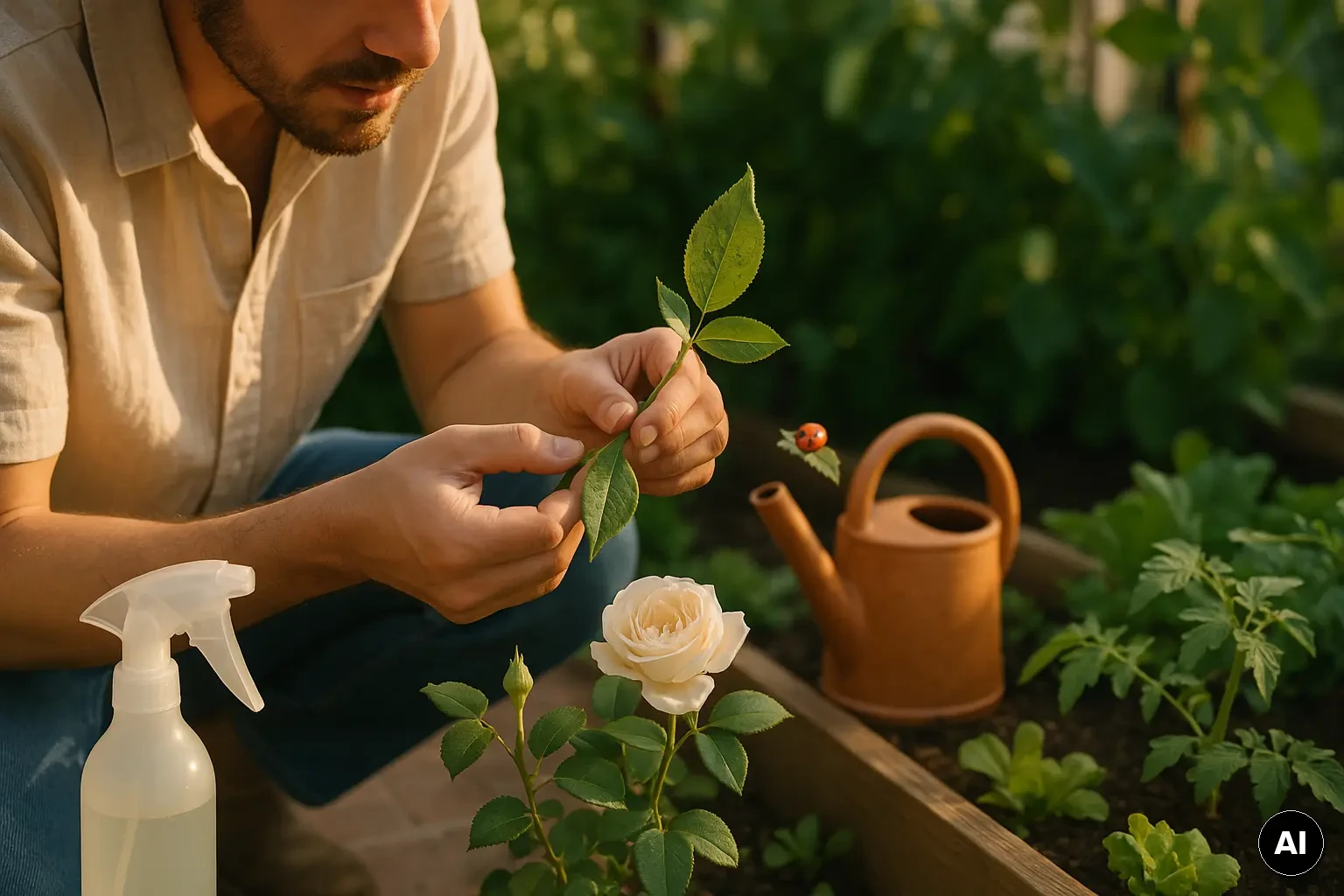 Hände kontrollieren Blattläuse an einer Rose neben junger Gemüsepflanze im Garten bei natürlichem Licht