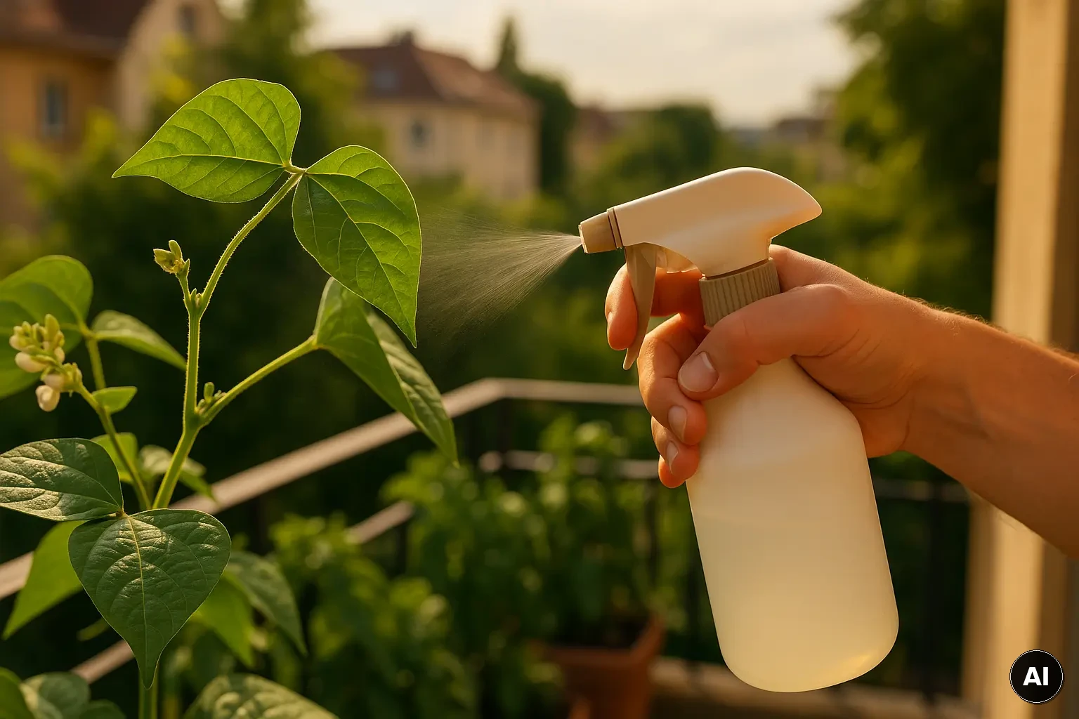 Gezieltes Sprühen auf die Blattunterseite einer Gemüsepflanze mit Sprühflasche