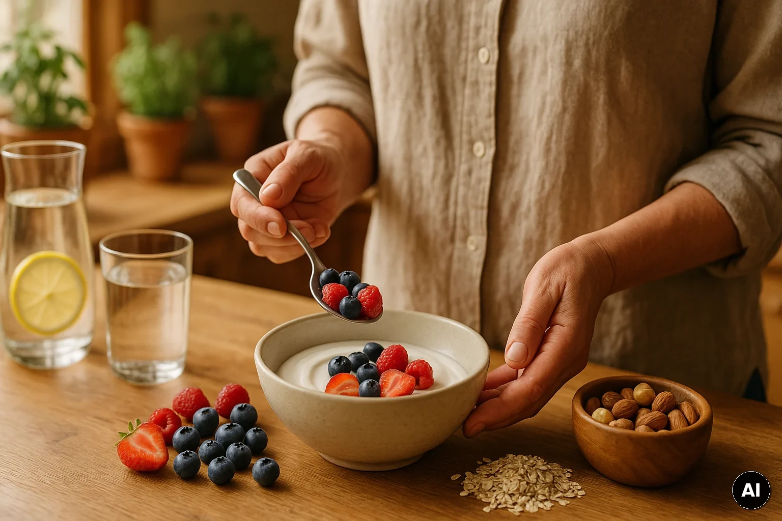 Person bereitet in einer warmen Küche einen zuckerärmeren Snack mit Naturjoghurt, Beeren und Nüssen zu