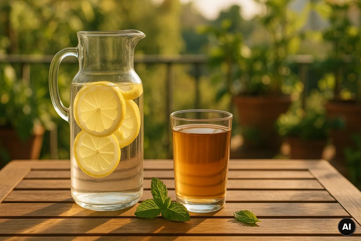 Karaffe Wasser mit Zitrone und ein Glas ungesüßter Tee auf einem Holztisch im Tageslicht